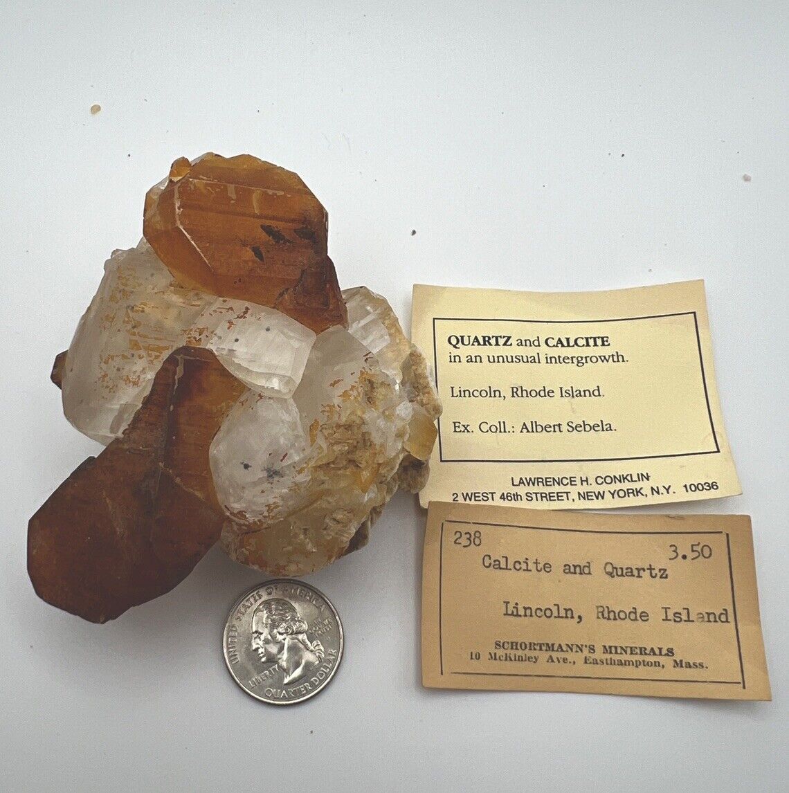 Absolutely wild calcite and quartz from Lincoln, Rhode Island, great provenance