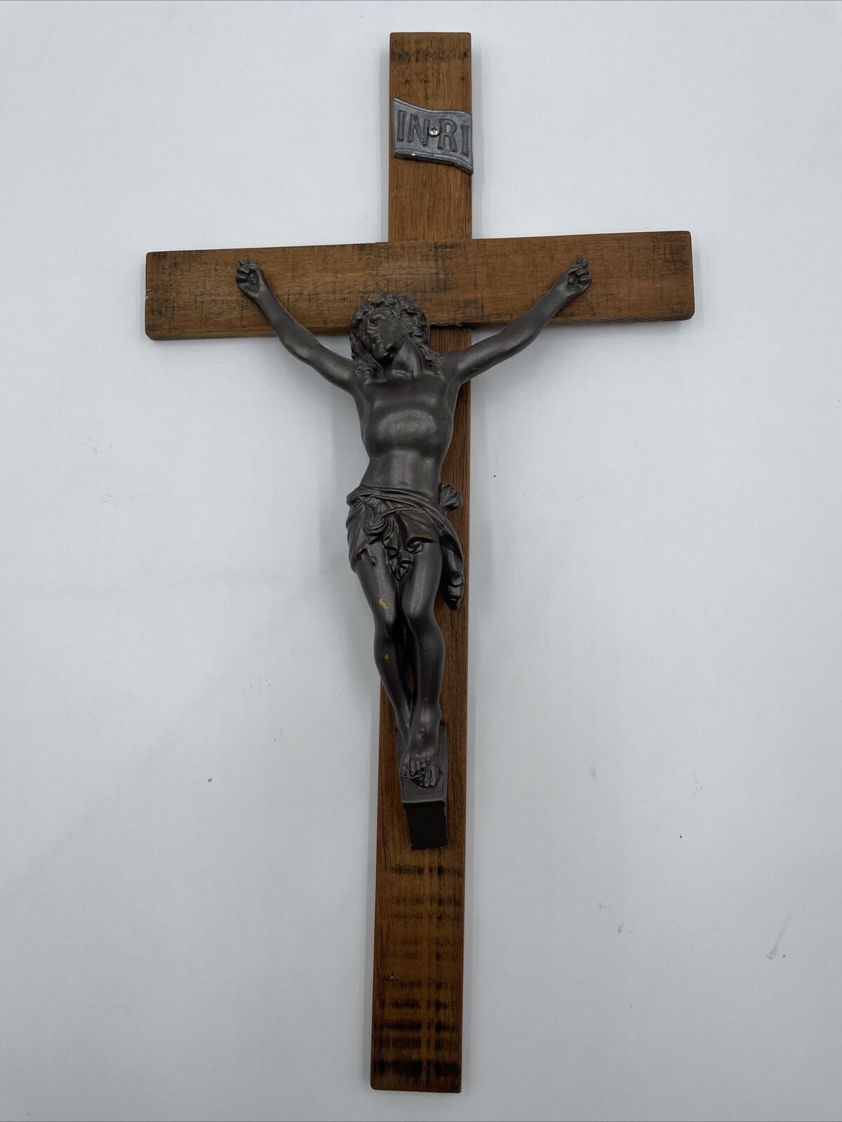 Large Vintage Cross Crucifix Wood Metal Ready to Hang Pewter Color Jesus God