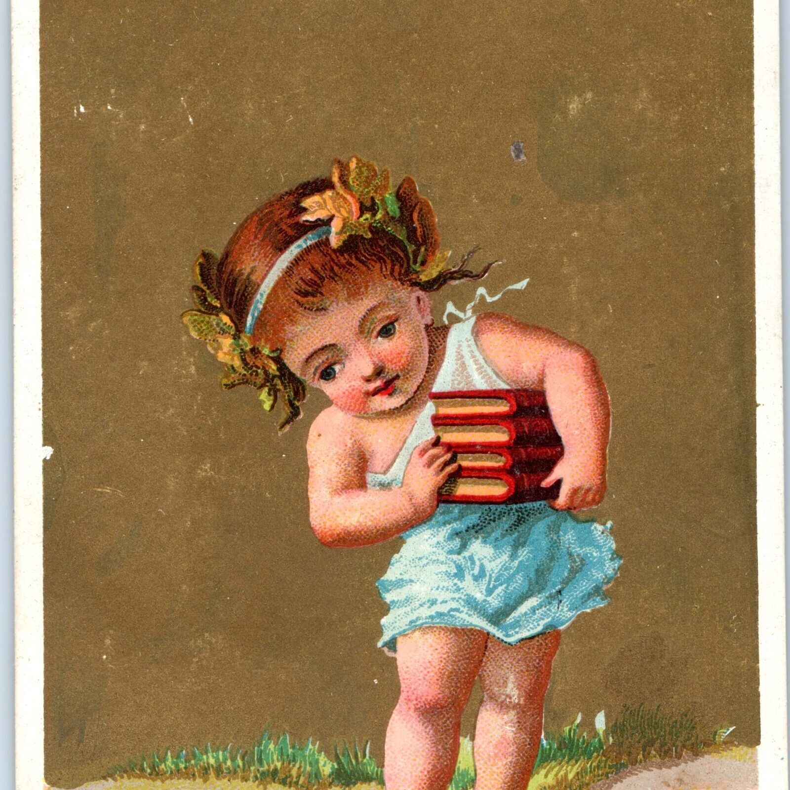 c1880s Aout (August) Cute French Little Girl Back to School Books Trade Card C44