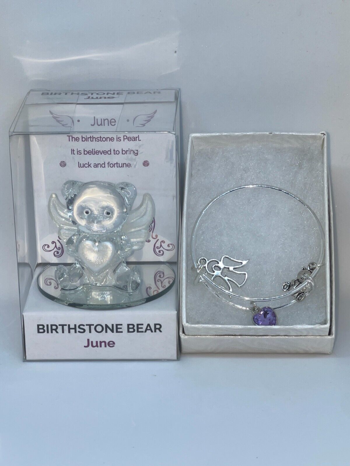 New June Glass Birthstone Angel Bear Figurine & Matching Girls Charm Bracelet