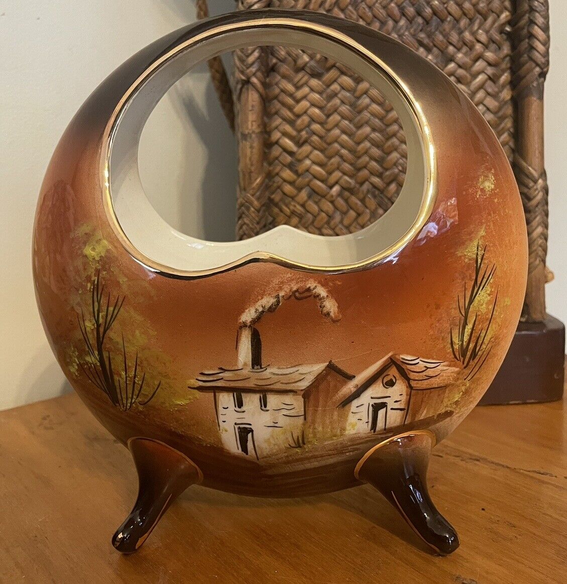 Antique Portugal Half Moon Footed Pocket Vase Signed PV 1905 Farm Homestead Boho