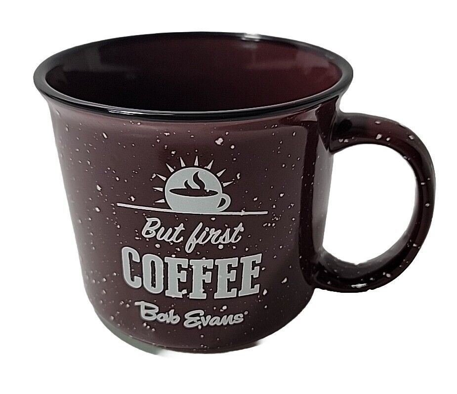 Large Bob Evans But First Coffee Mug Cup Black Speckled White 