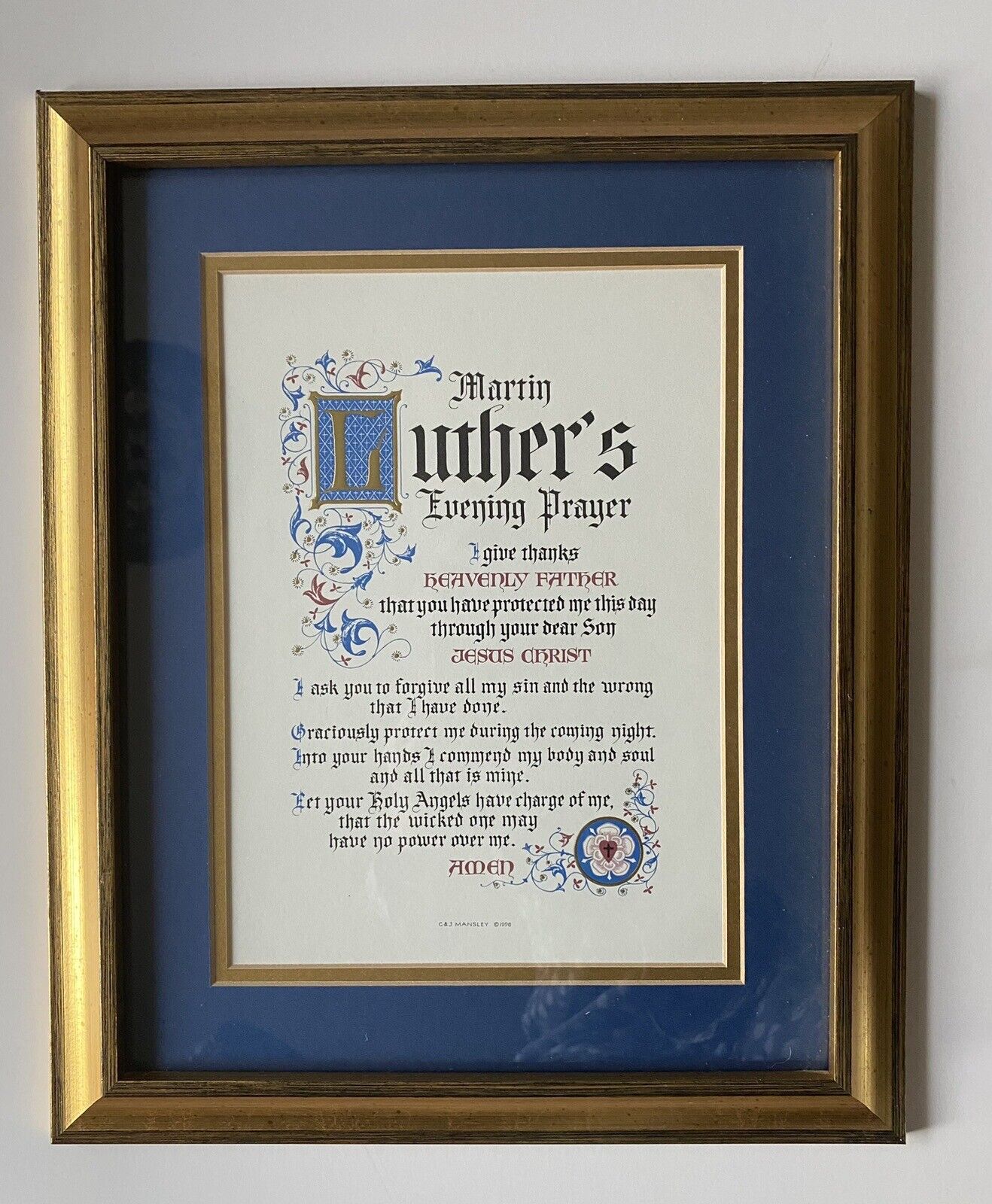 Martin Luther's Evening Prayer Poster Calligraphed Letters Golden Frame