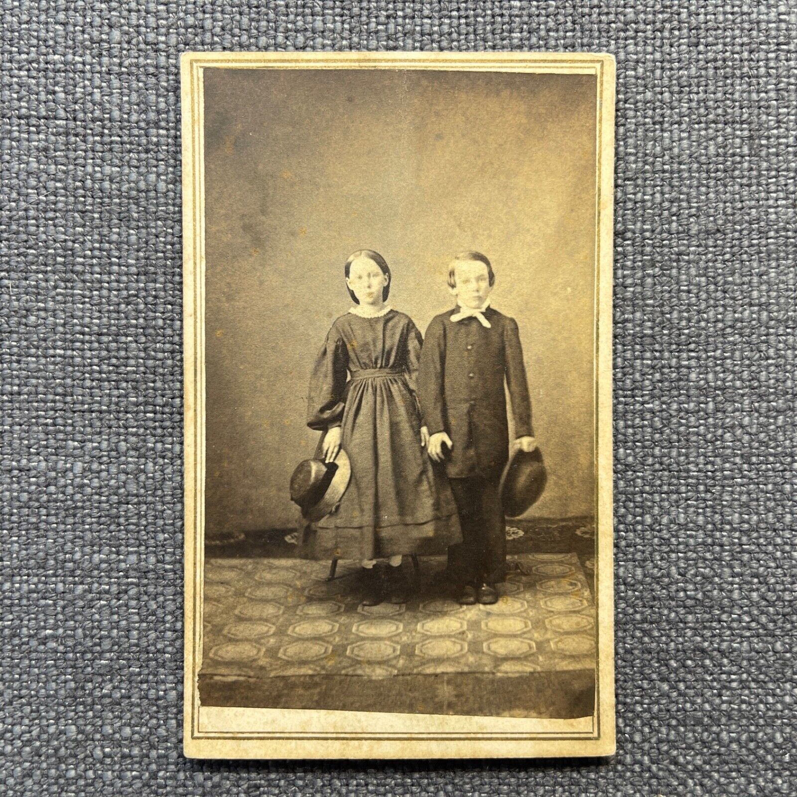 CDV Photo Antique Carte De Visite Boy and Girl Standing Holding Hats Danville PA