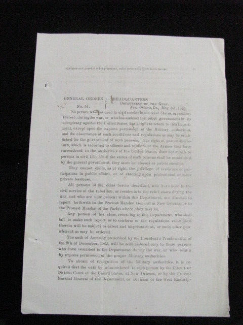 CIVIL WAR LOUISIANA CONFEDERATE SOLDIER PAROLE ORDER 1865