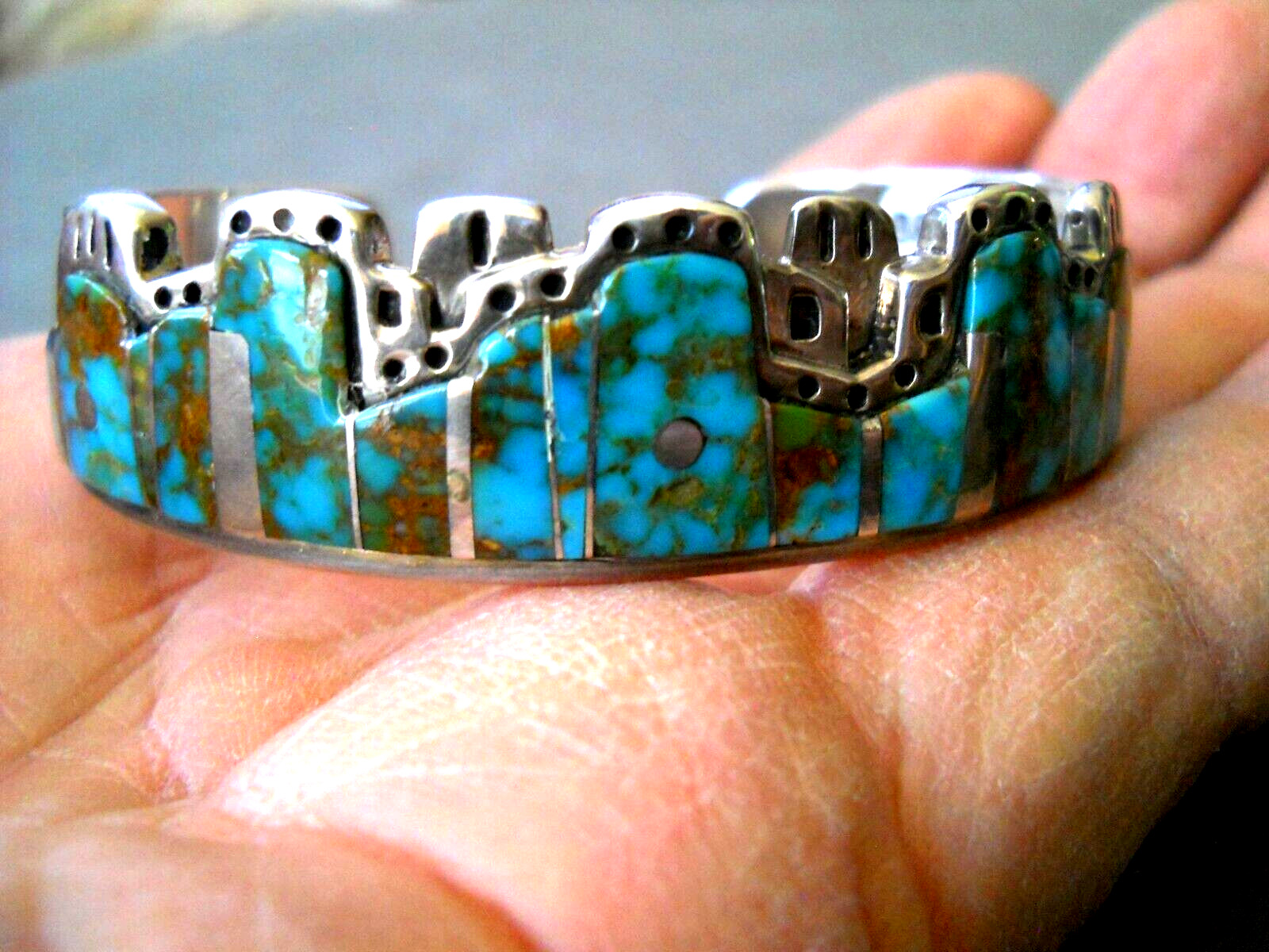 YAZZIE Native American Rich Blue Turquoise Inlay Adobe Sterling Silver Bracelet