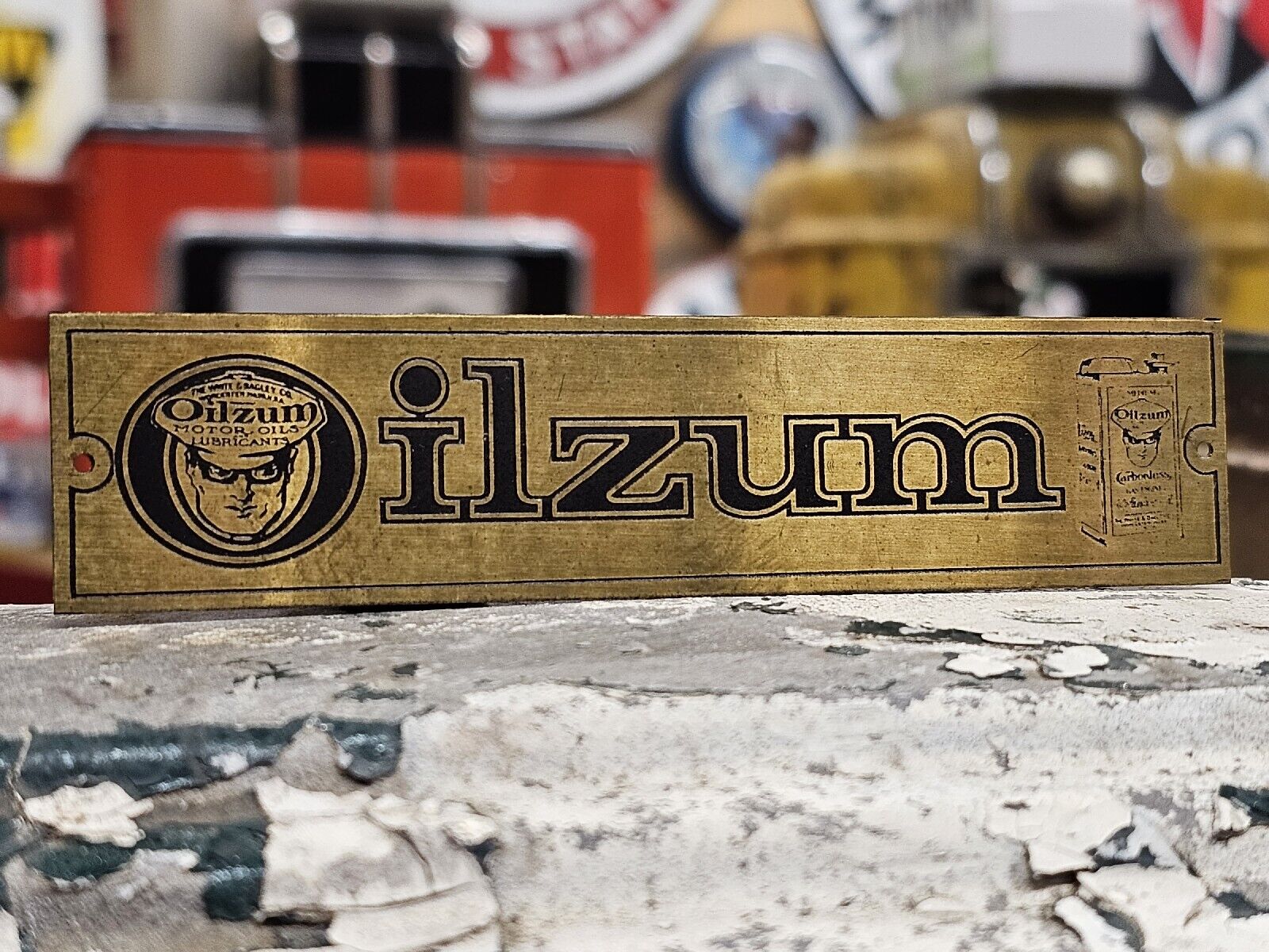1930's Oilzum Motor Oil Brass Sign 100% ORIGINAL GUARANTEED White & Bagely MA
