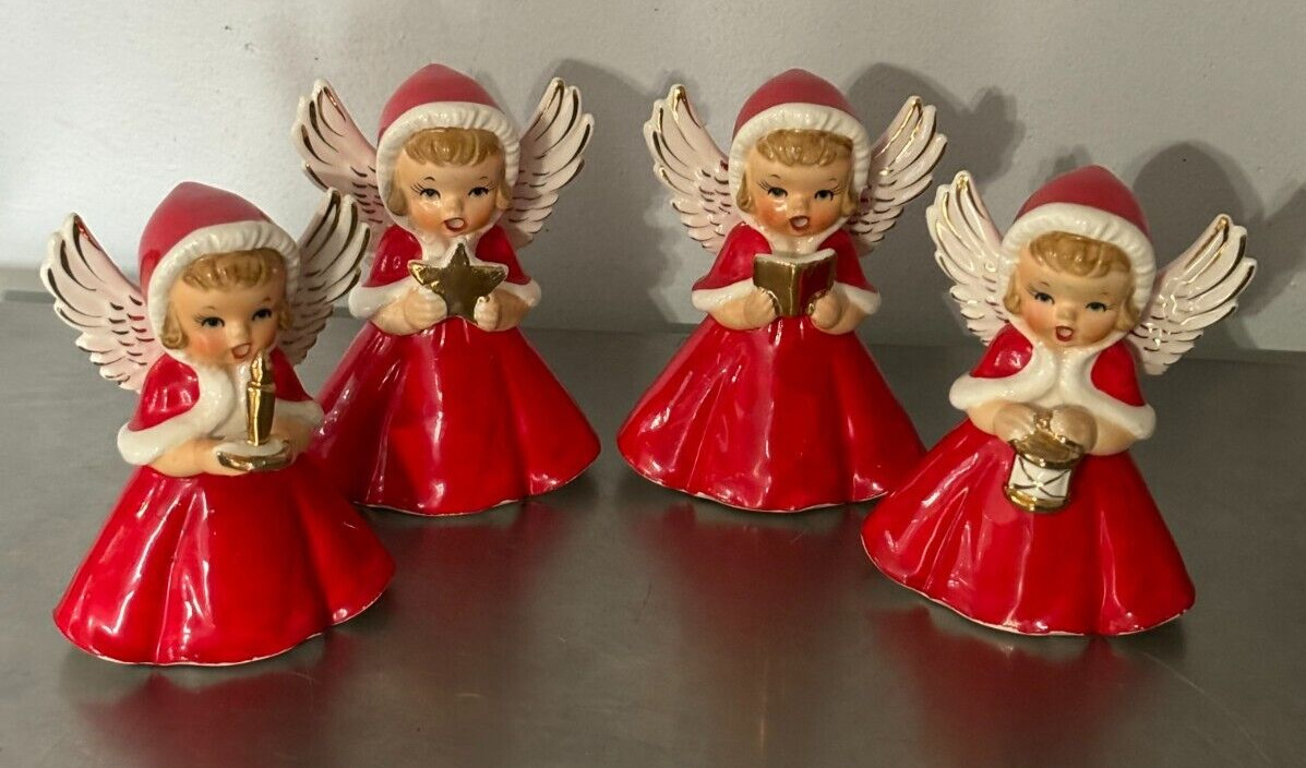 4 VNTG Lefton Holt Howard Napco Style Christmas ANGEL CHOIR Figurines 1950s