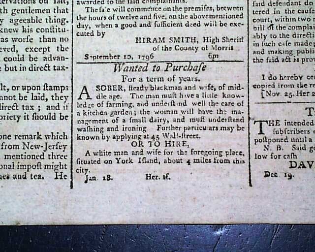 Rare 18th Century AMERICAN 1796 New York City Original 1796 old NYC Newspaper