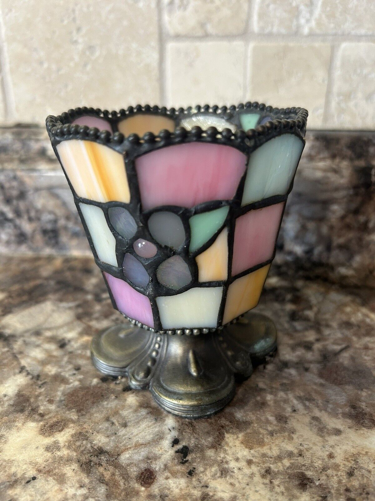 PartyLite Hydrangea Stained Glass Floral Votive Tea Light Candle Holder•Damaged