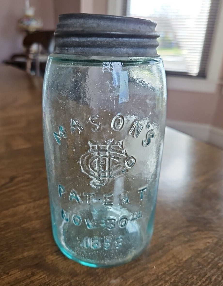 Mason's Jar Early Antique Light Green CFJ Patent Nov 30th 1858 with Zinc Lid