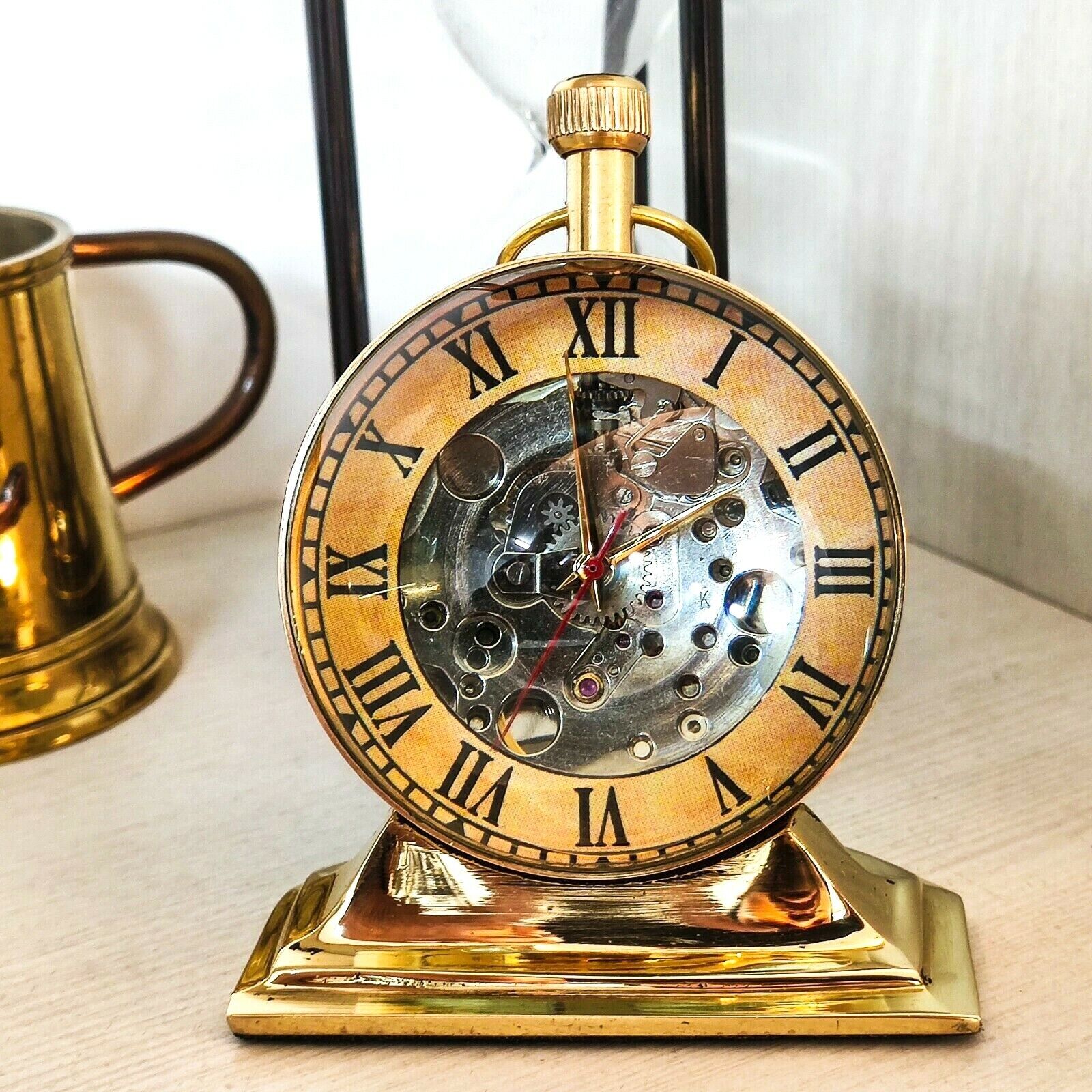 Brass Trophy Desk Clock Mechanical Vintage Old style Table Top Decorative Gift