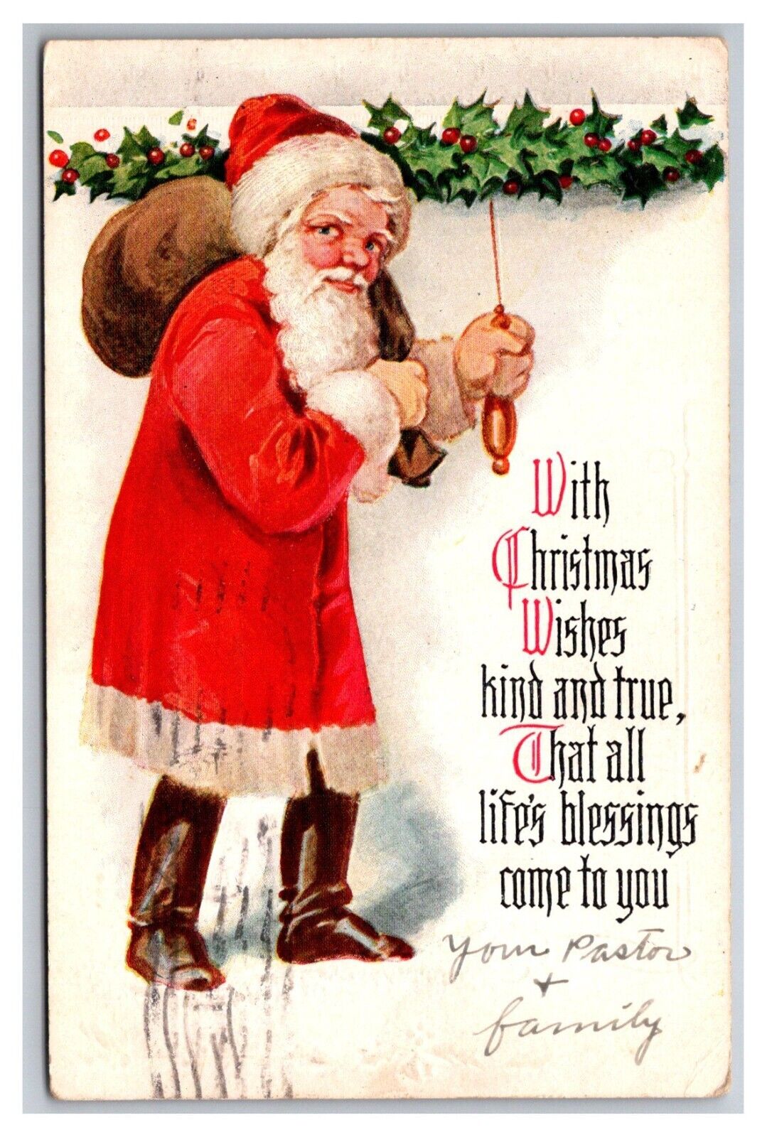 Postcard Christmas Santa Claus Red Coat Greetings Poem
