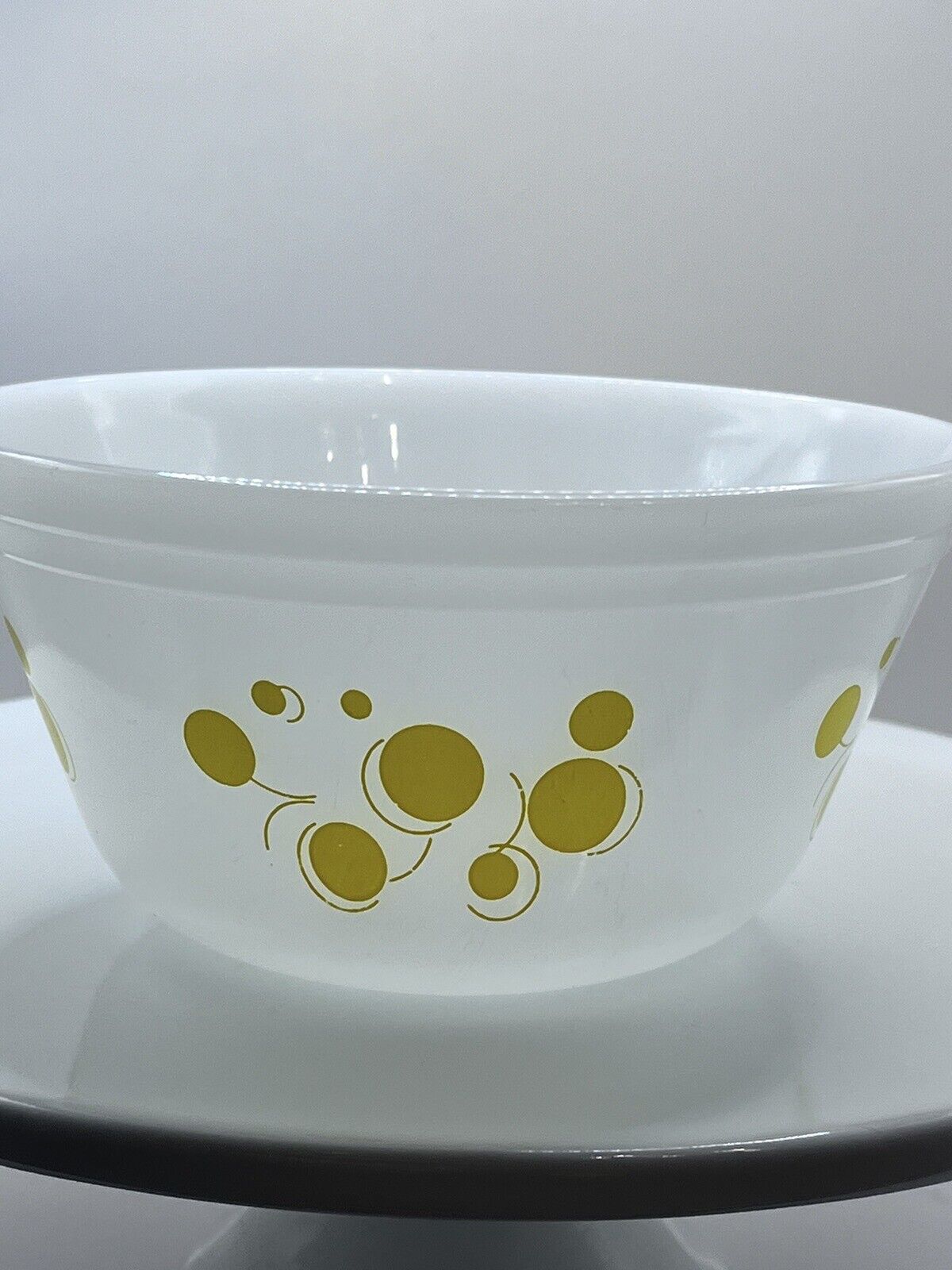 Vintage Federal Glass 7” Yellow Atomic Dots Milk Glass Mixing Bowl 