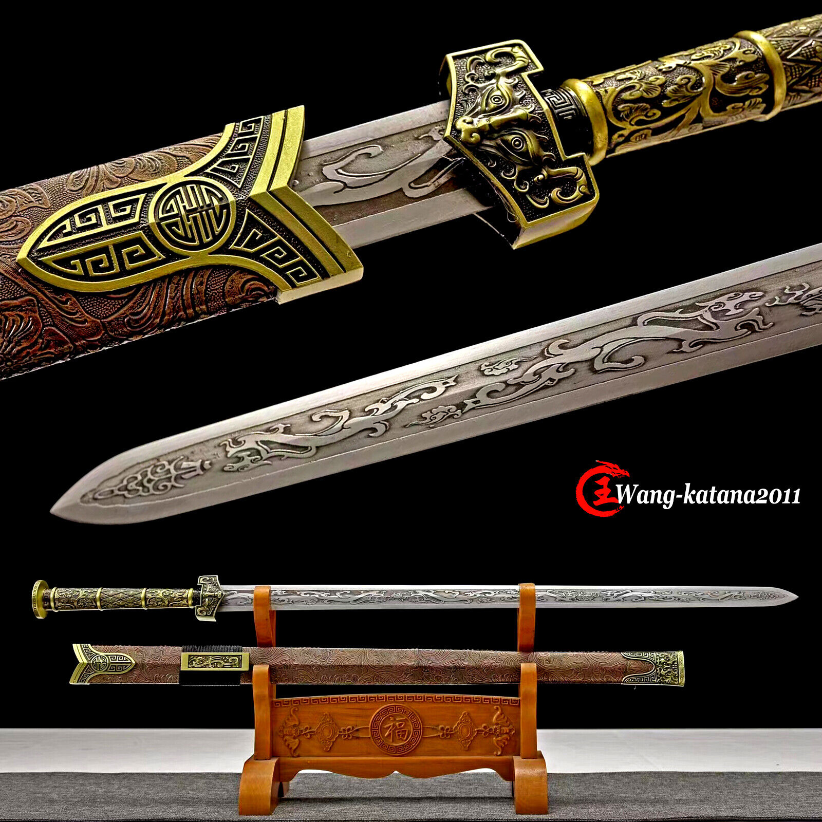 41''Chinese Han Dynasty Jian Carbon Steel Dragon Double Edge Straight Sword 汉剑