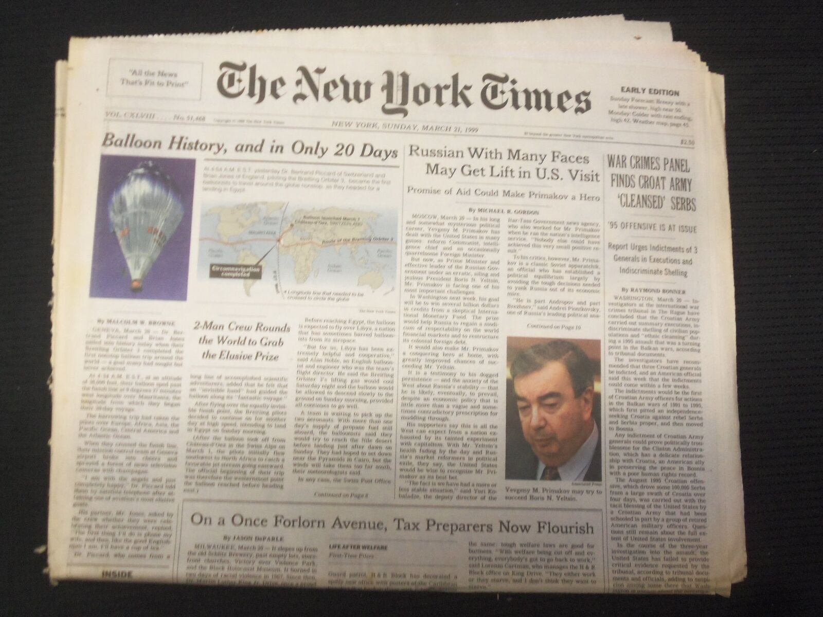 1999 MAR 21 NEW YORK TIMES NEWSPAPER - WAR CRIMES PANEL, CROAT ARMY - NP 6981