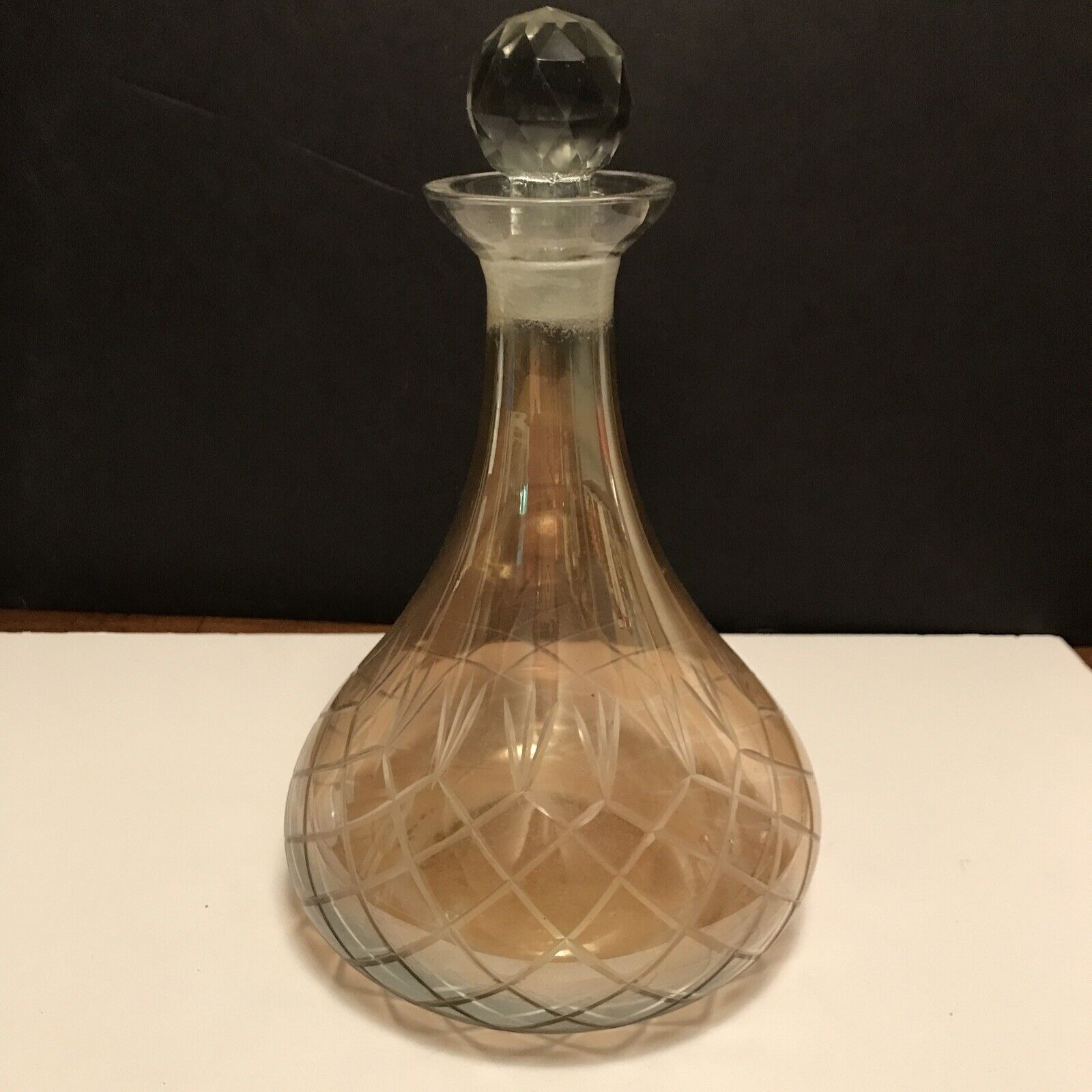 Vintage Cut Glass Amber Decanter With Stopper Diamond Pineapple Design