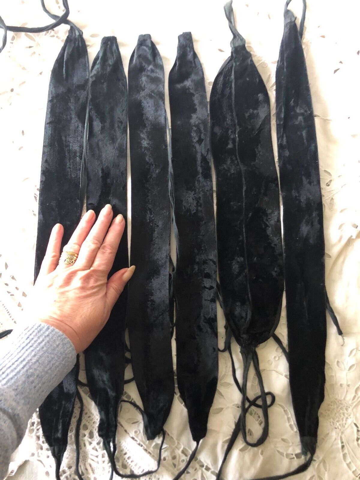 Job Lot 6 Antique French Silk Black Velvet Sashes / Hat Trim c1890