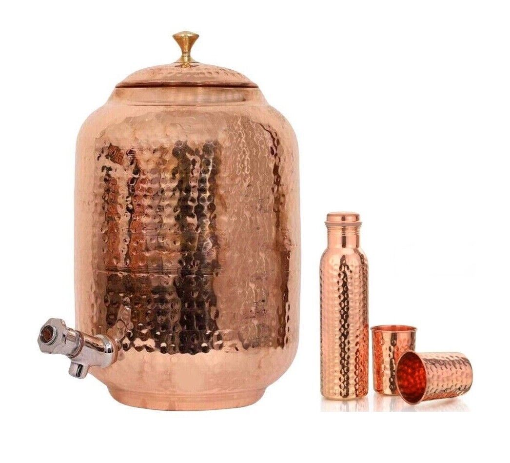 New Copper Water Dispenser (Matka) Hammered Container Pot With Bottle & 2 Glass