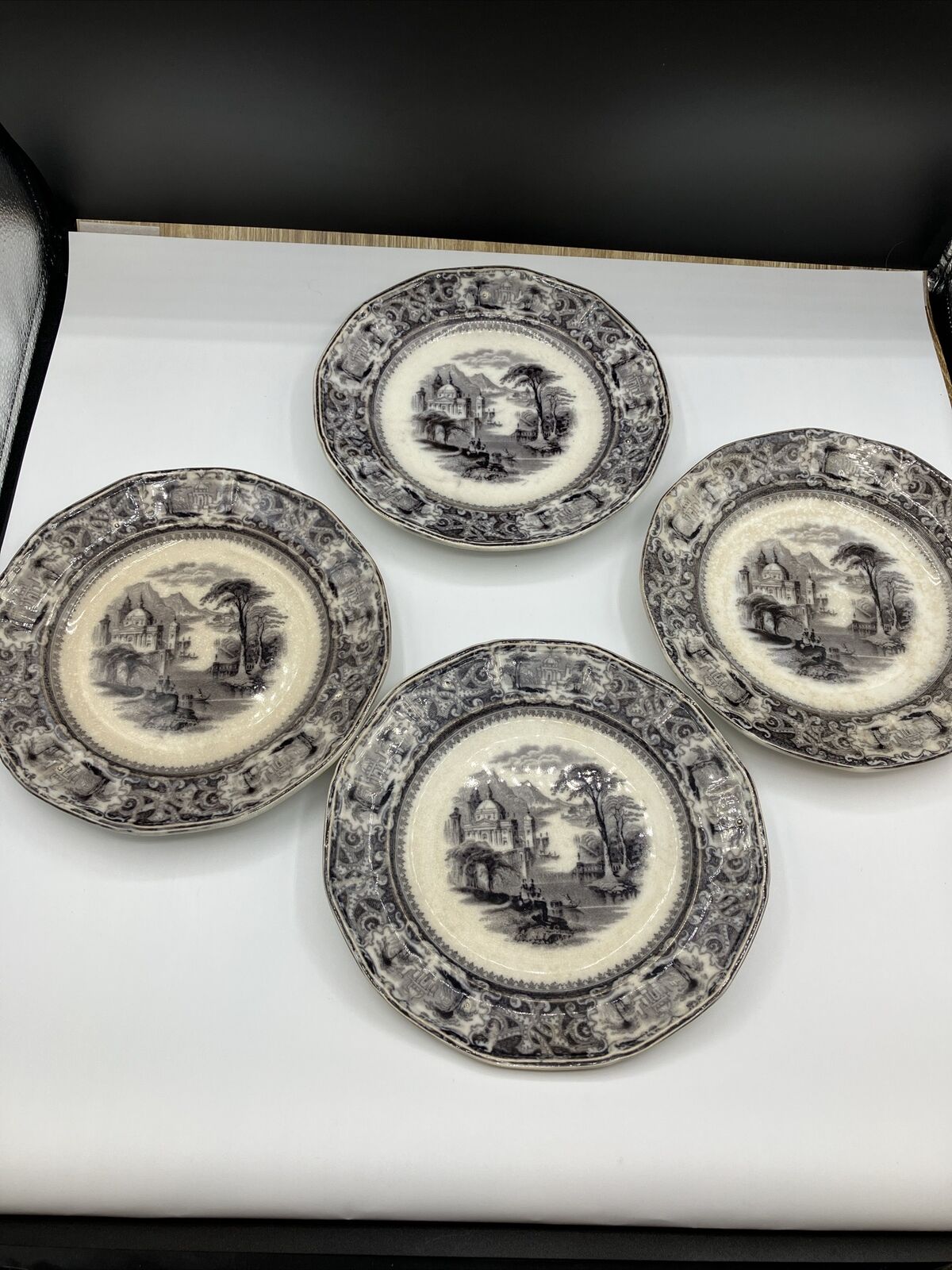 Four Antique Sam Alcock Hill Loretta Transfer Ware Flow Plates In Black 8 3/4”