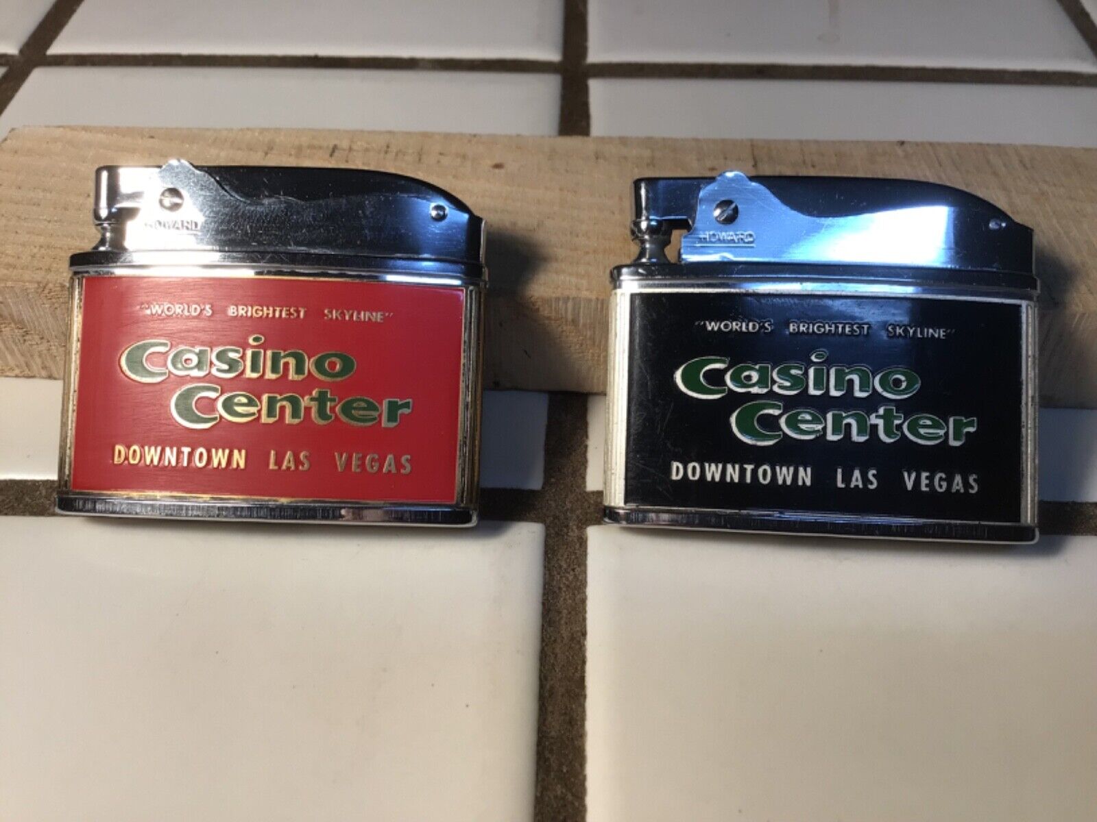 SPECTACULAR Pair of Vintage Flat Advertising Lighters CASINO CENTER RED & BLACK