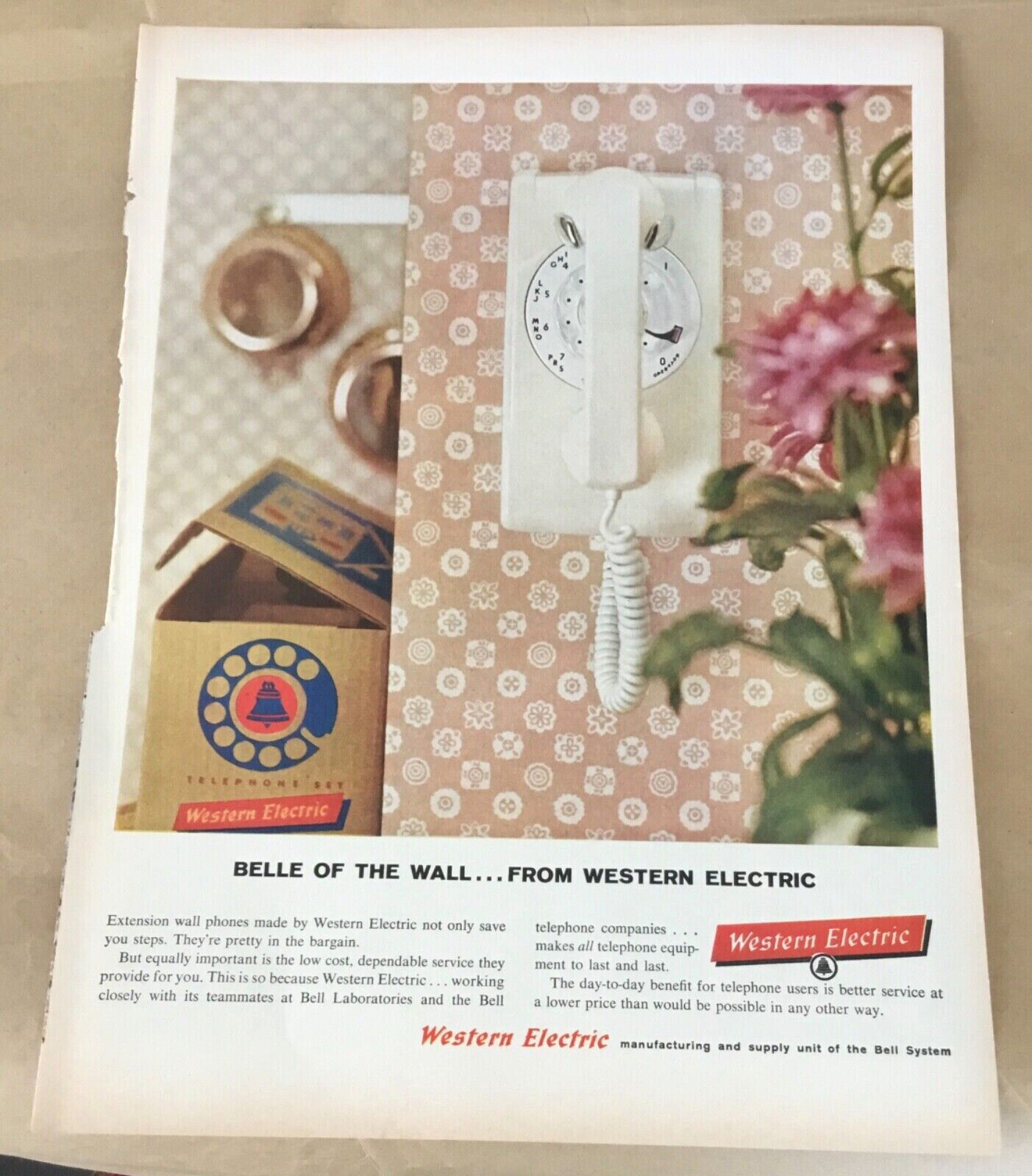 Western Electric vintage print ad 1960 art home decor rotary phone 60s retro