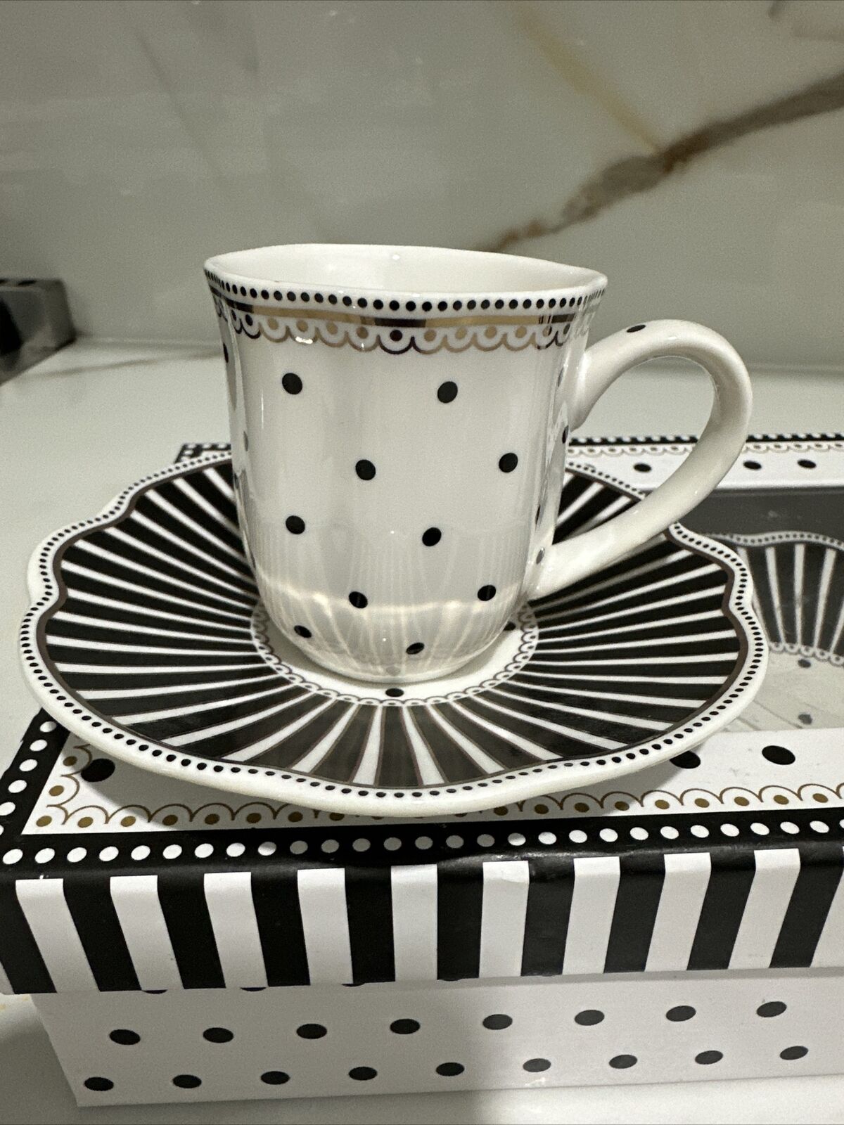 Grace\'s Teaware Josephine Black Polk A Dot Espresso Cup and Saucer Set