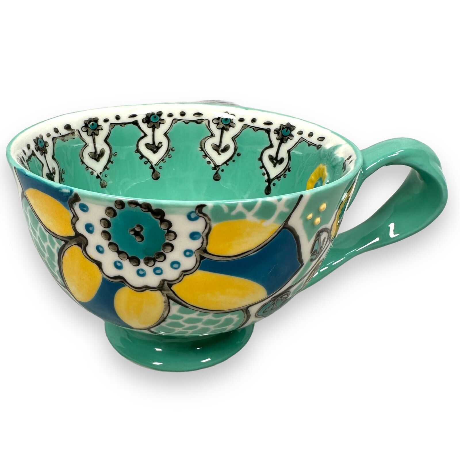 Anthropologie Green Floral Twist Handle Pottery Footed Coffee Elka Ayaka Mug