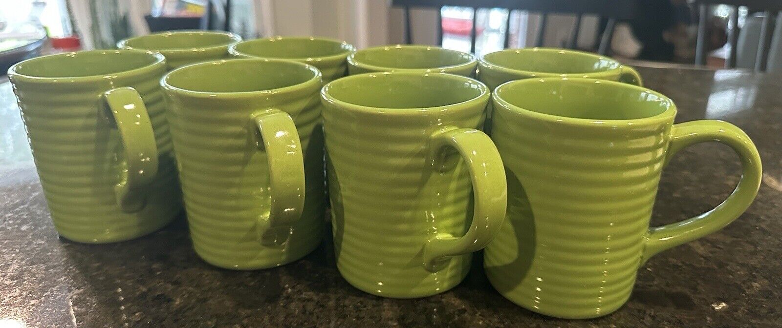 Set Of 8 Ridged Green Mugs Cups By Greenbrier international Coffee Tea Hot Cocoa