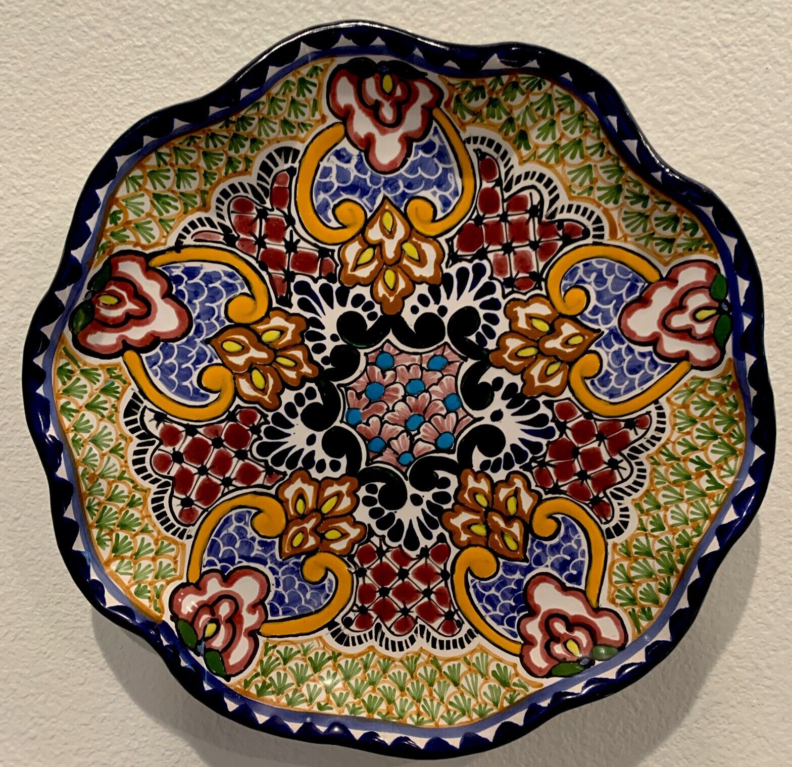12” Vintage Mexican Pottery Talavera Decorative Wall Plate Artisan Signed