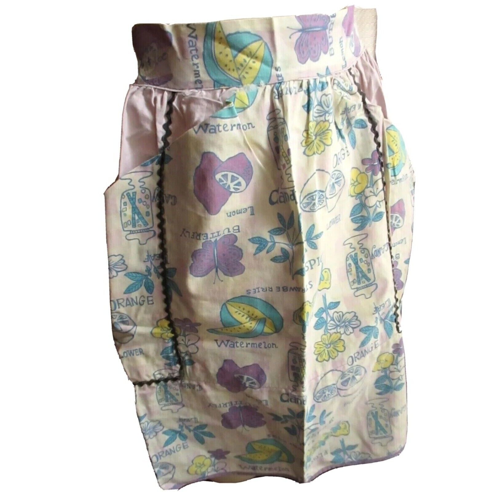 Womens Vintage Kitchen 1/2 Apron 1950s Lilac/Purple Trim Butterfly Fruits Candy