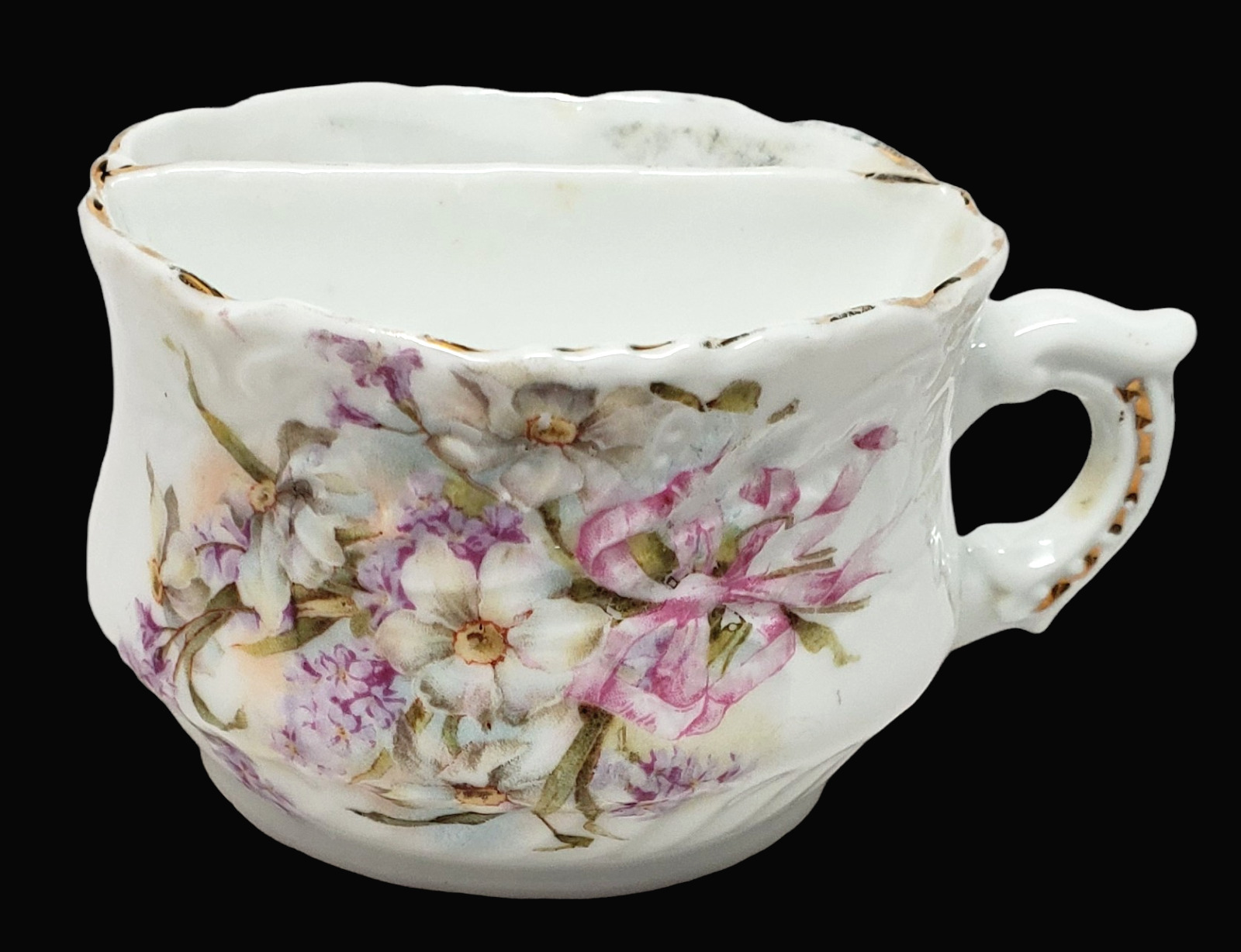 VTG Antique Victorian Porcelain White Lavender Floral Shaving Mug Cup 