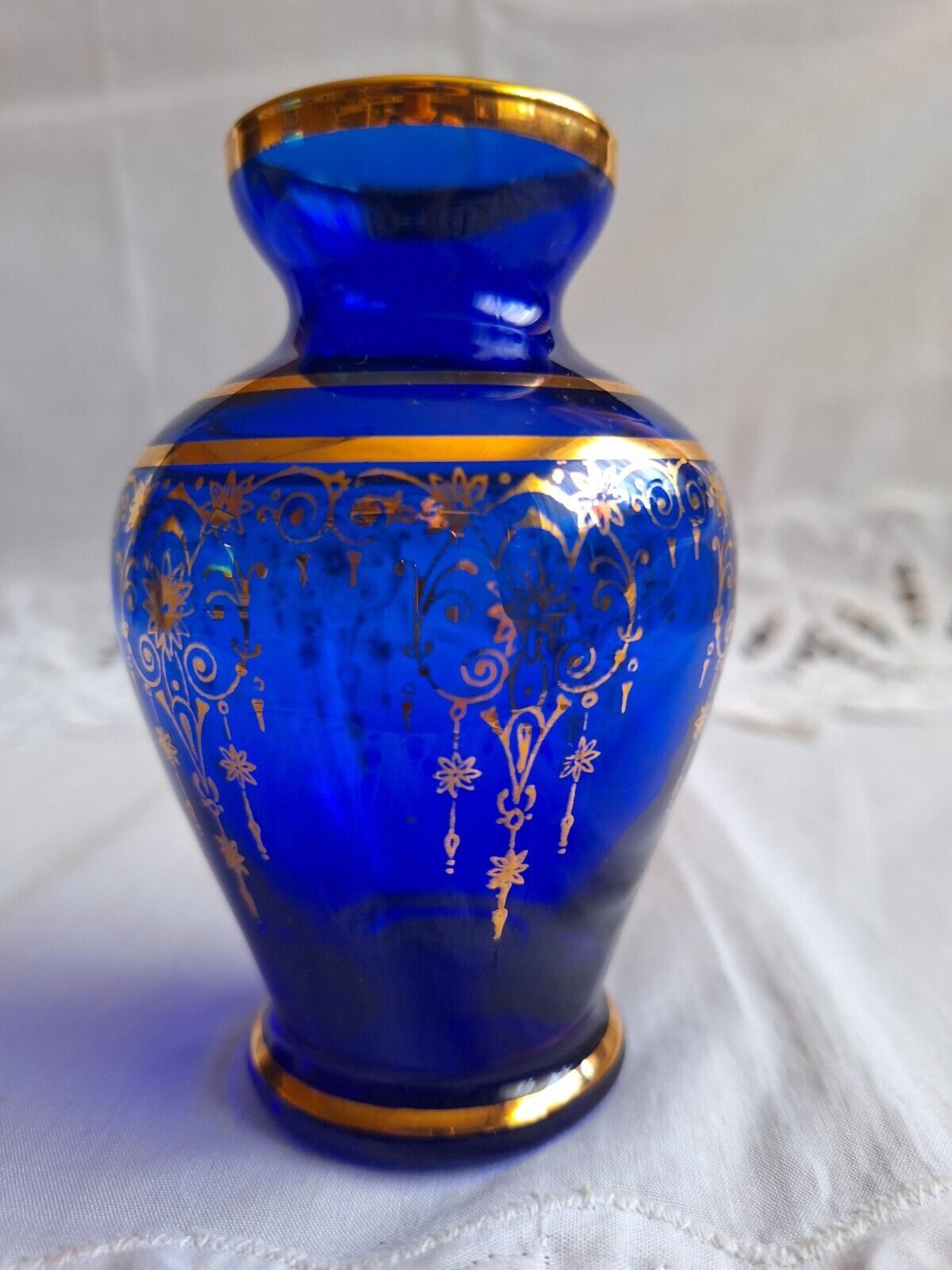 Colbalt Blue Glass Vase Gold Detail Bohemian