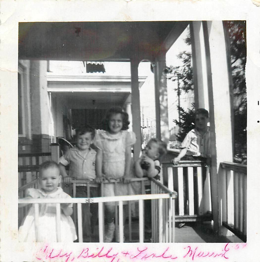 vintage Snapshot B/W 1959 Children Hanging Out on Front Porch on Summer Day