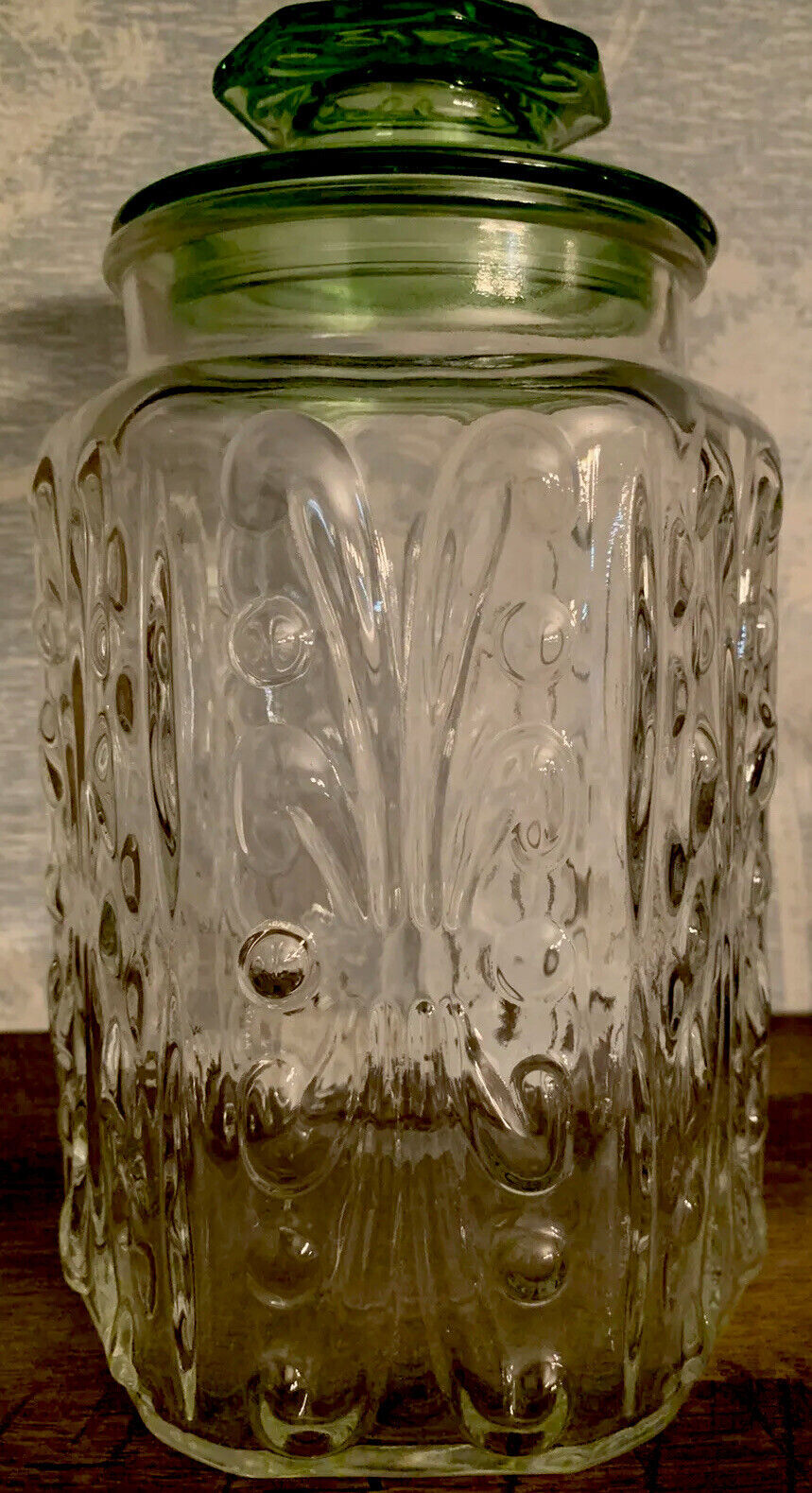 Vintage (Atterbury Scroll) Storage Jar/Canister 9.5”t- Clear with Emerald Top.