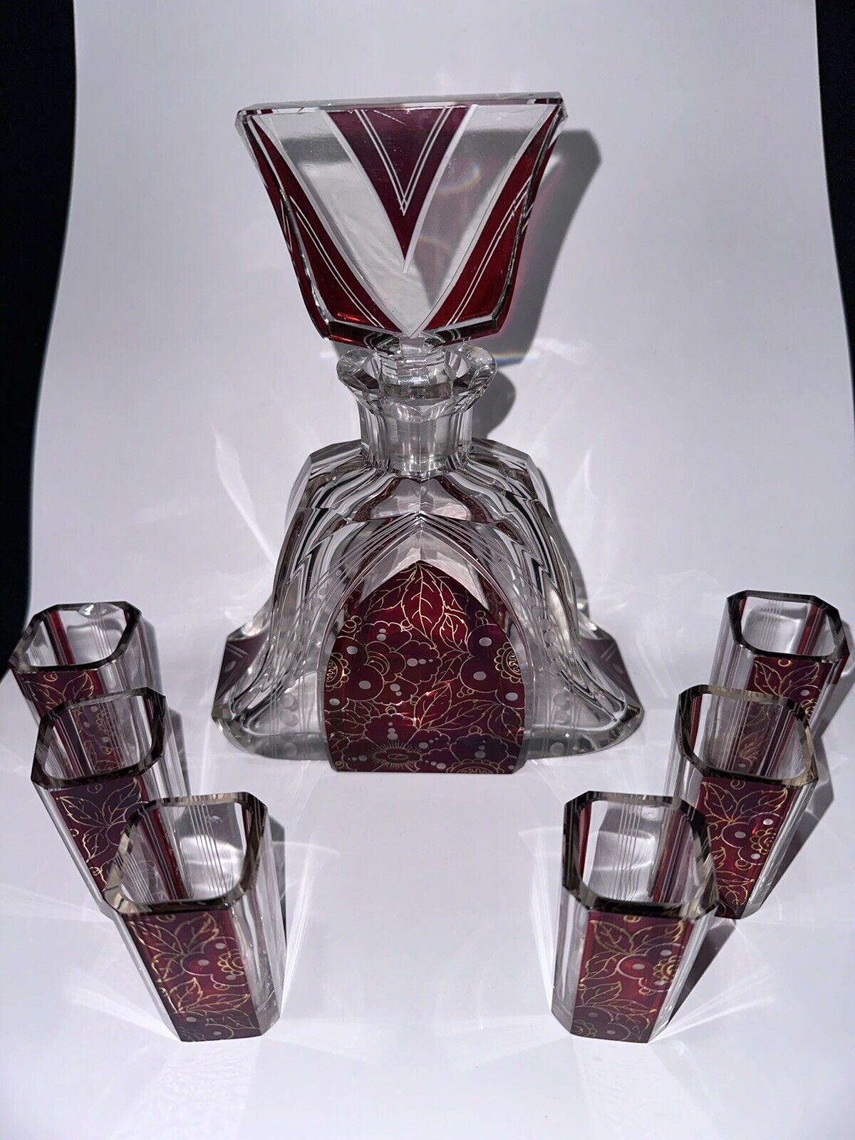 Red Bohemian Art Deco Glass Decanter with Stopper and Liqueur Service 6 Glasses