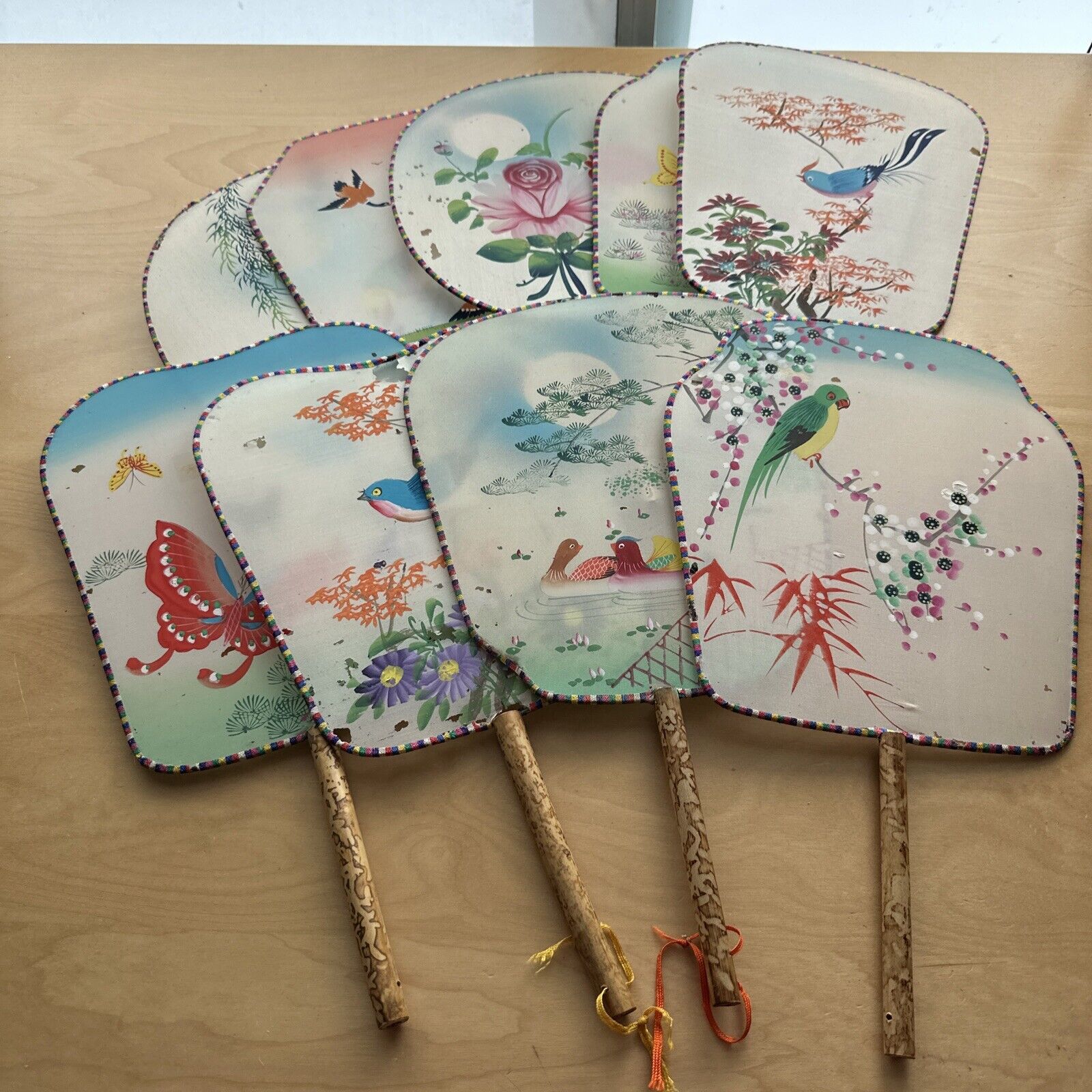 LOT (9) Vtg Hand-Painted Chinese Silk Bamboo Paddle Fans Birds Butterfly Florals