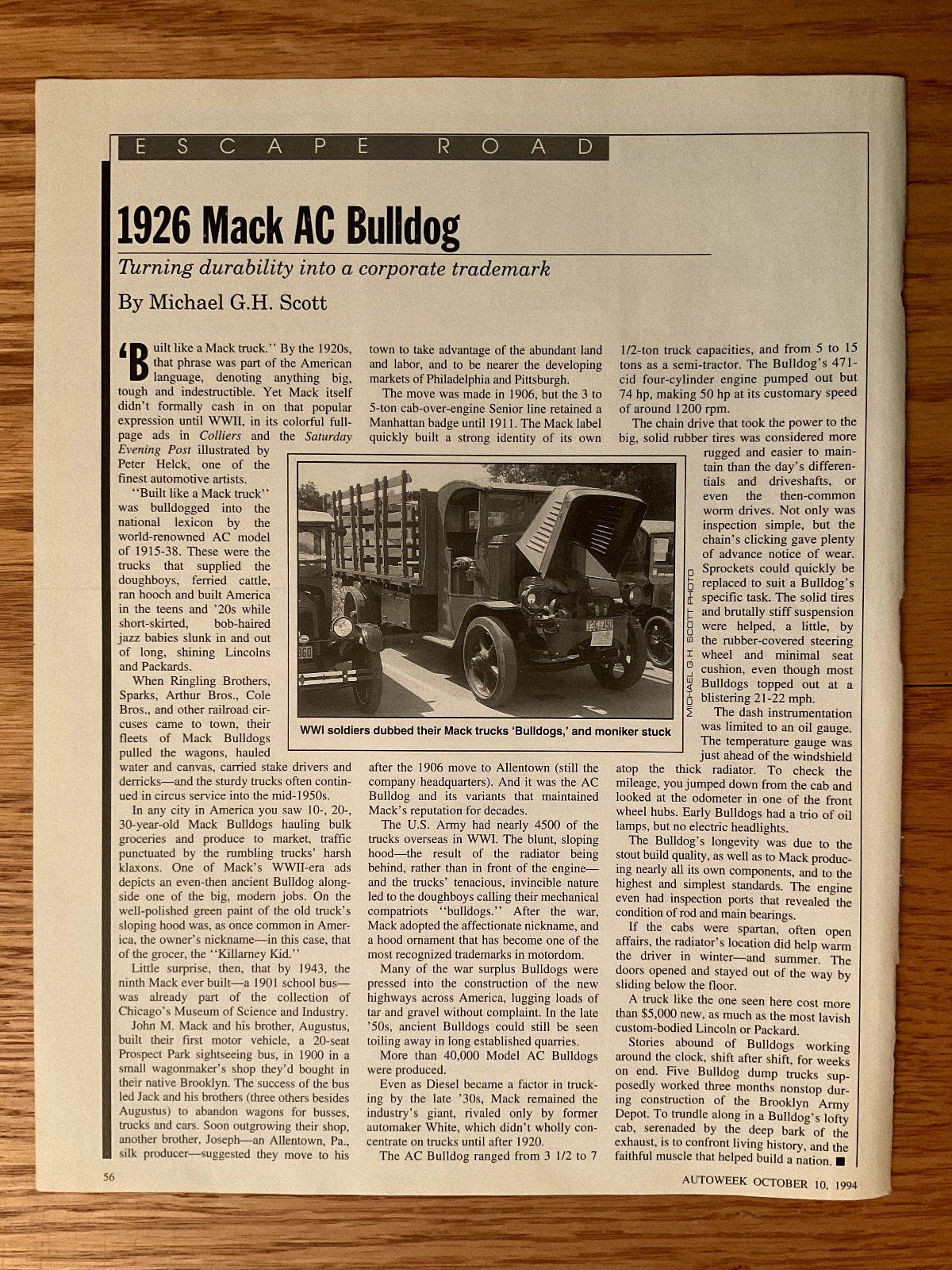 AW73 Article Escape Roads 1926 Mack AC Bulldog 1 page