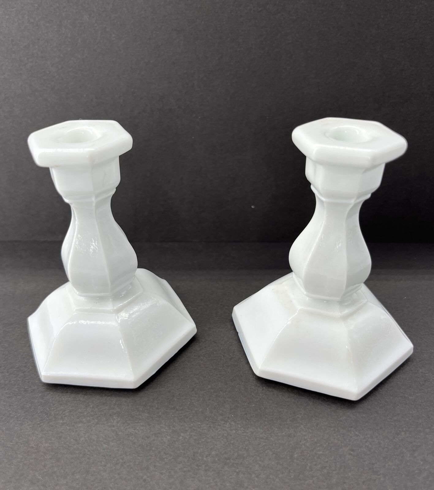 Pair of Vtg Tiara 3” Small White Milk Glass Candlestick Holders Skinny Tapers