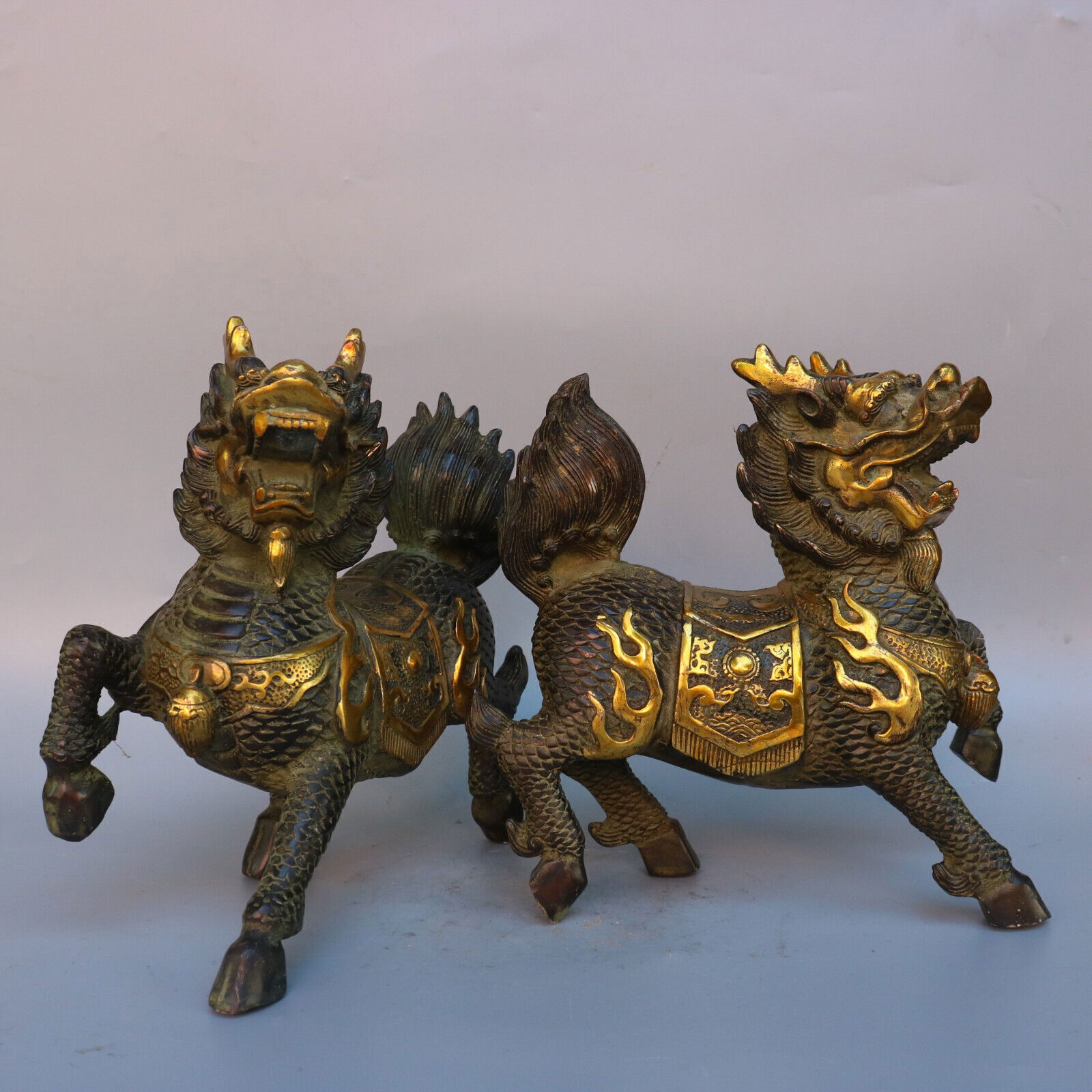 24cm fengshui old copper bronze carved pair qilin kylin lucky gilt big statue