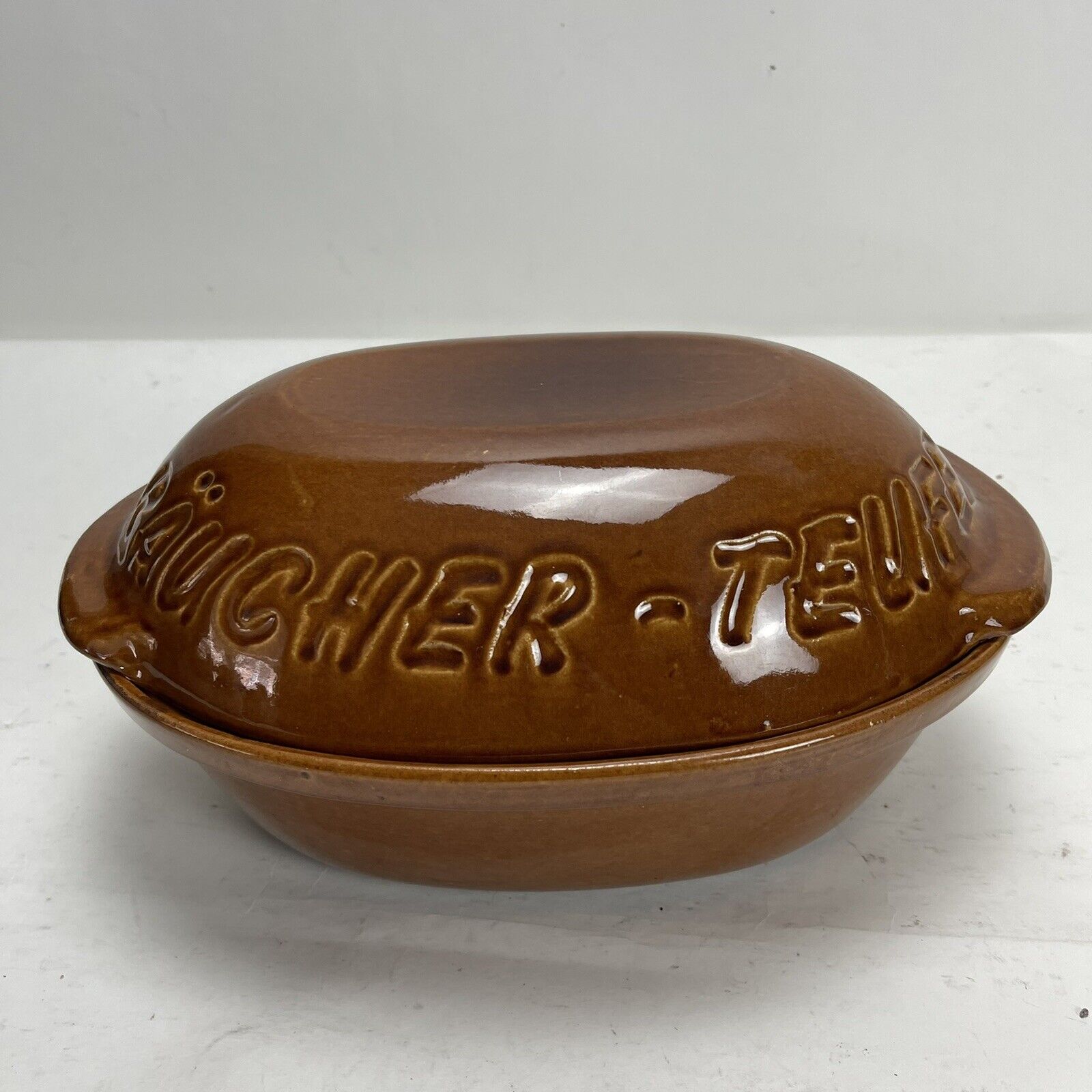 Vintage Glazed Terracotta Raucher Teufel Over Roaster Cooker Pot Stamped