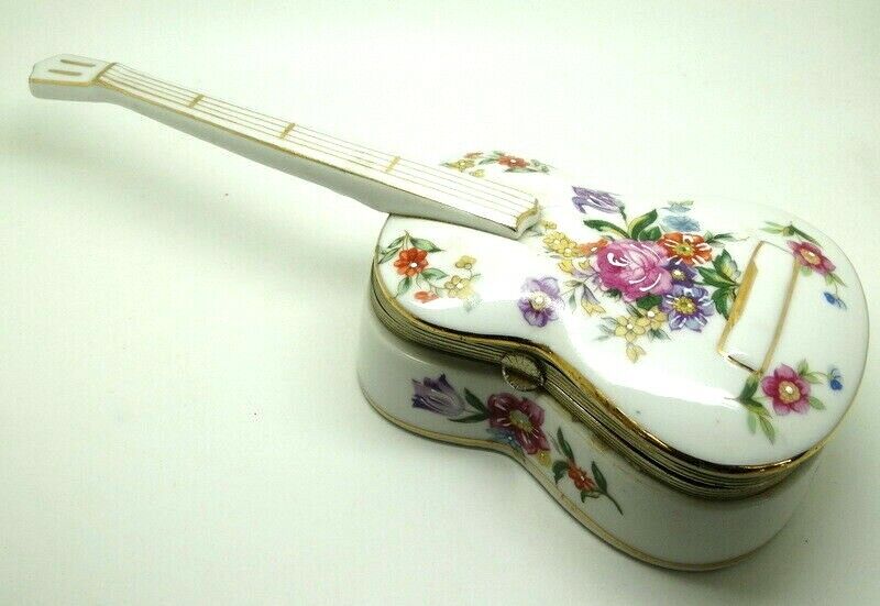 Beautiful PORCELAIN Flower Painted GUITAR MUSIC BOX Jewelry Case 66 96