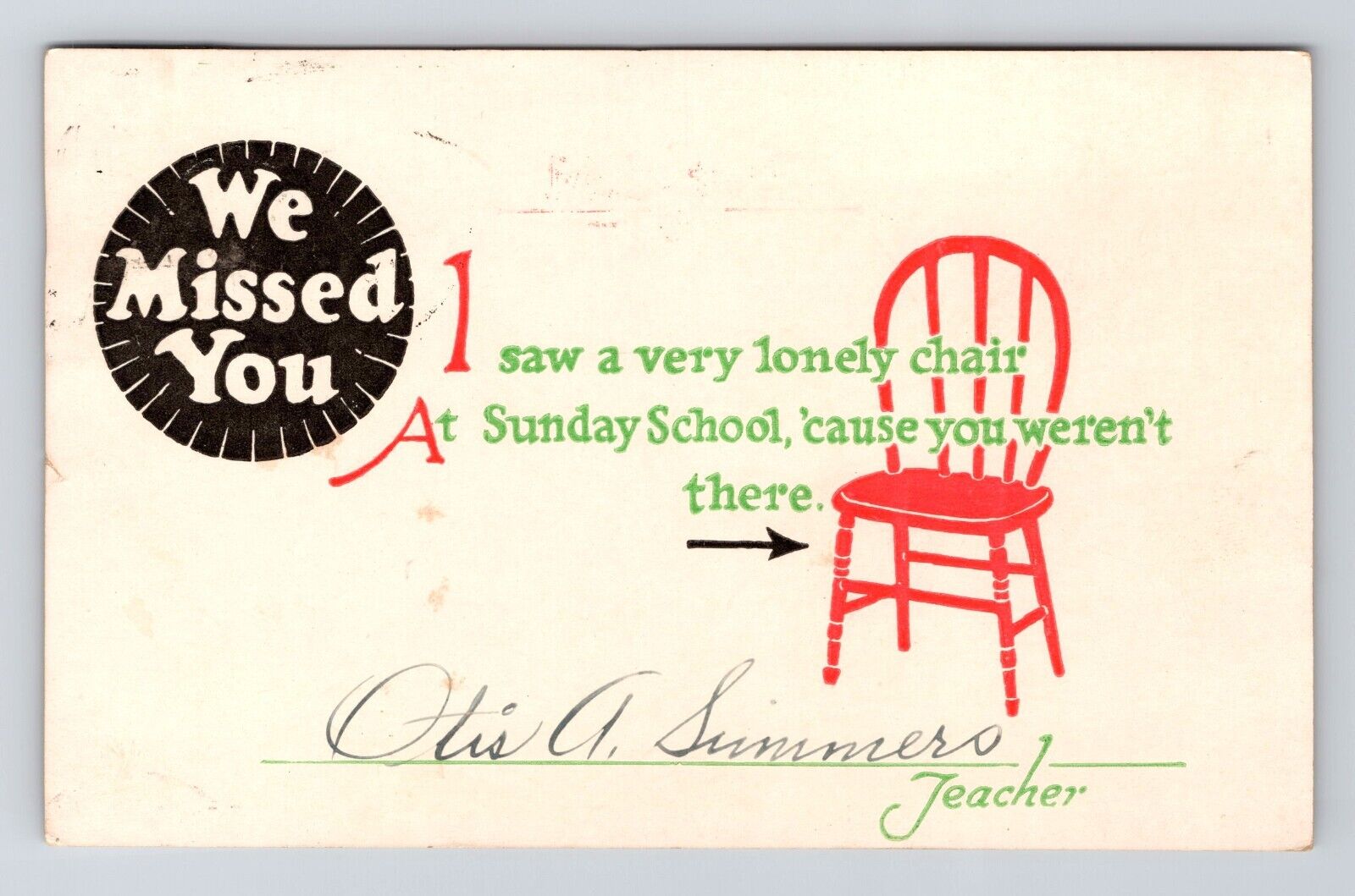 Antique Postcard WE MISSED YOU  Sunday School Empty Chair1924 Cancel