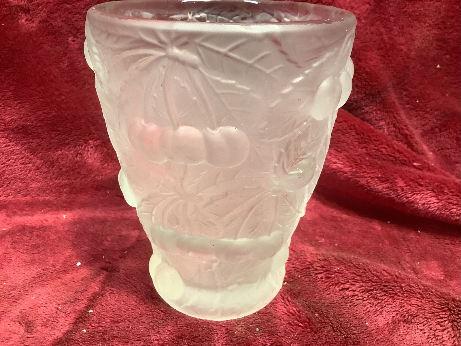 Lalique style 1930s frosted glass vase with cherries and leaves motif 5 1/2” X 4