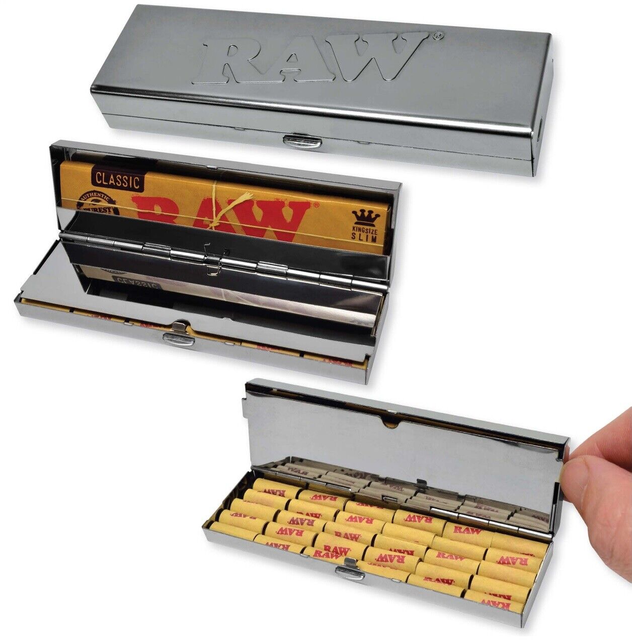 RAW Metal Storage Case - Holds King Size Rolling Papers& up to 30 PreRolled Tips