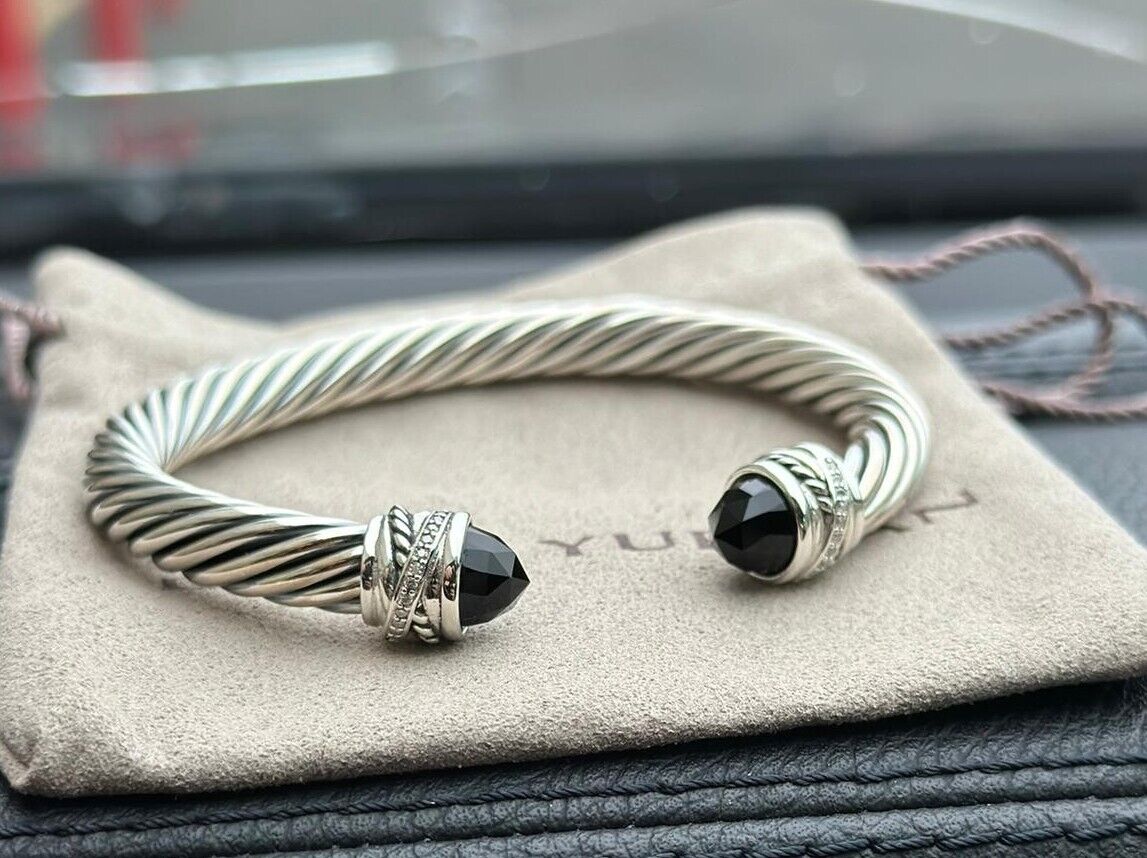 David Yurman 7mm Cable CROSSOVER Bracelet & 925 Silver Black Onyx & DIAMOND M