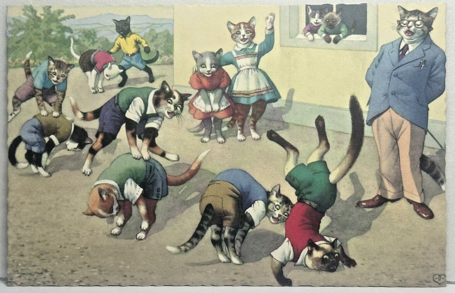 Alfred Mainzer Cats Postcard Belgium Anthropomorphic Recess Leaf Frog Trouble