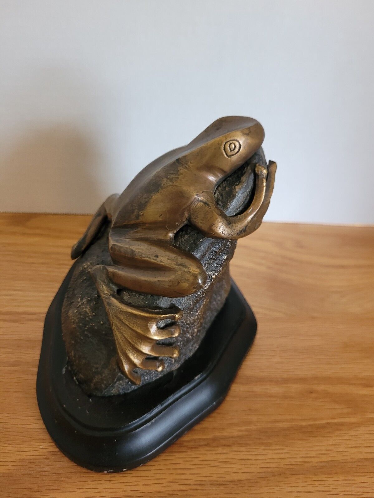 Vintage Verdigris Bronze and Brass Frog on Rock Sculpture With Wood Base