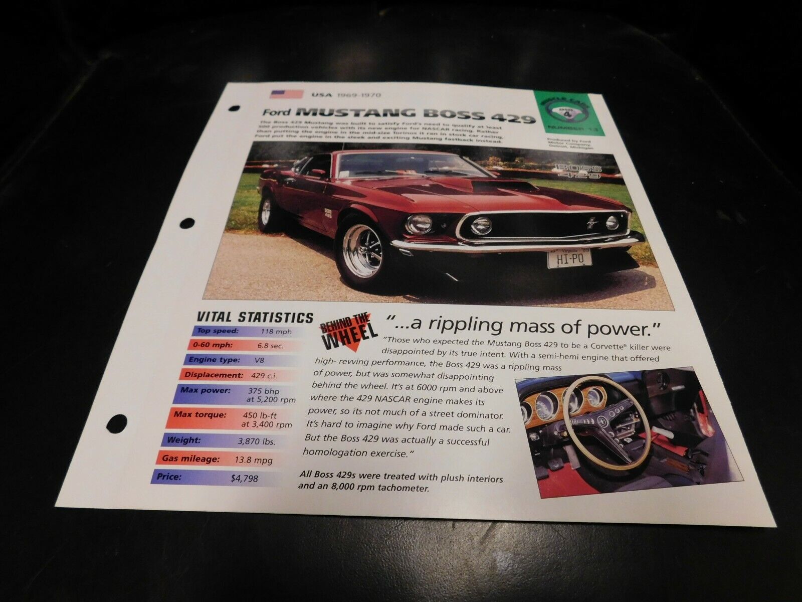 1969-1970 Ford Mustang Boss 429 Spec Sheet Brochure Photo Poster