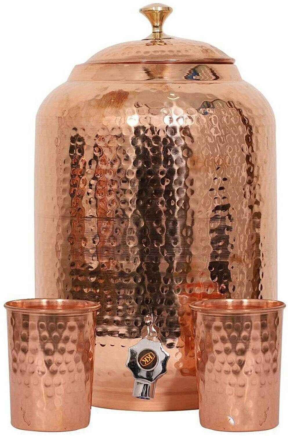 Copper Hammered Water Dispenser Pot 16L With 2 Glass Ayurveda Water Storage Tank